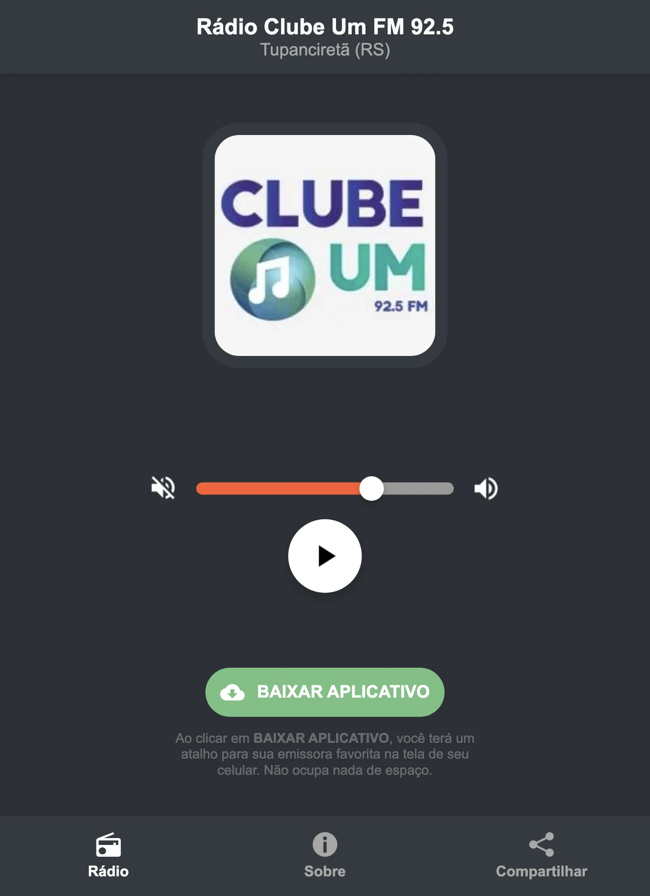 Screenshot do aplicativo da Rádio Clube Um FM 92.5