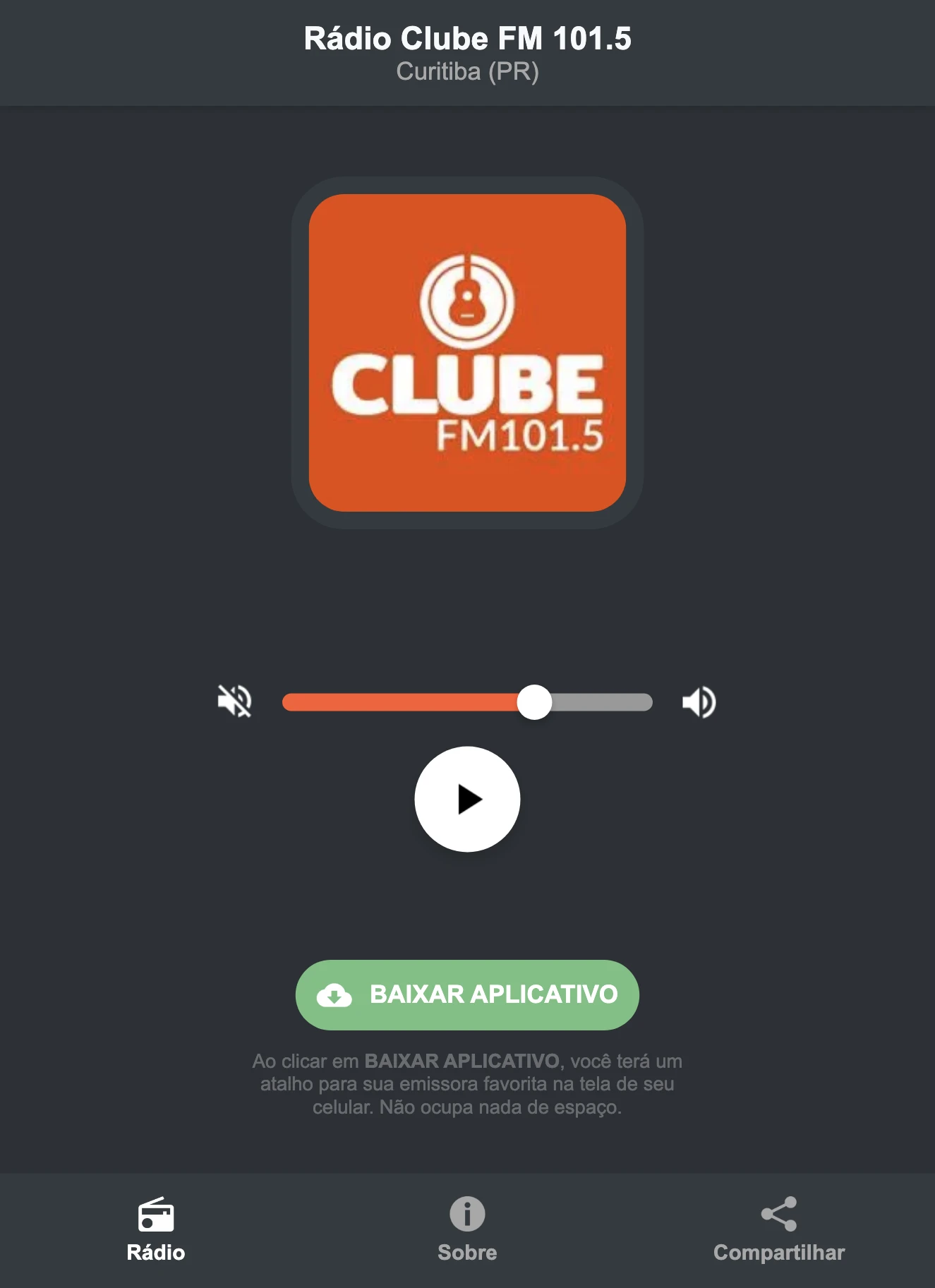 Screenshot do aplicativo da Rádio Clube FM 101.5