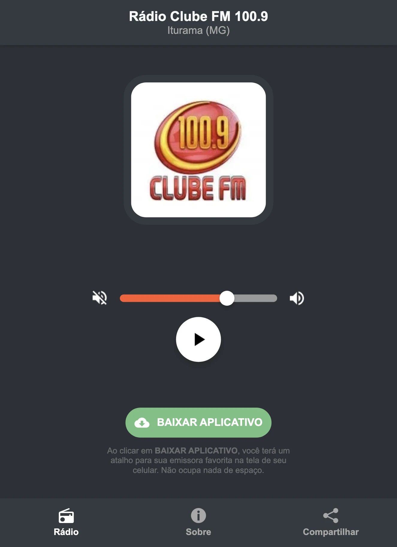 Screenshot do aplicativo da Rádio Clube FM 100.9