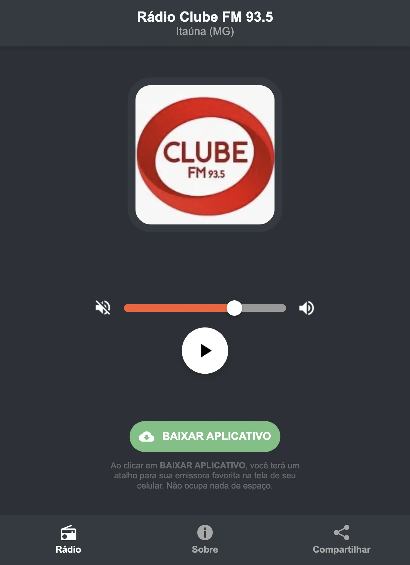 Screenshot do aplicativo da Rádio Clube FM 93.5