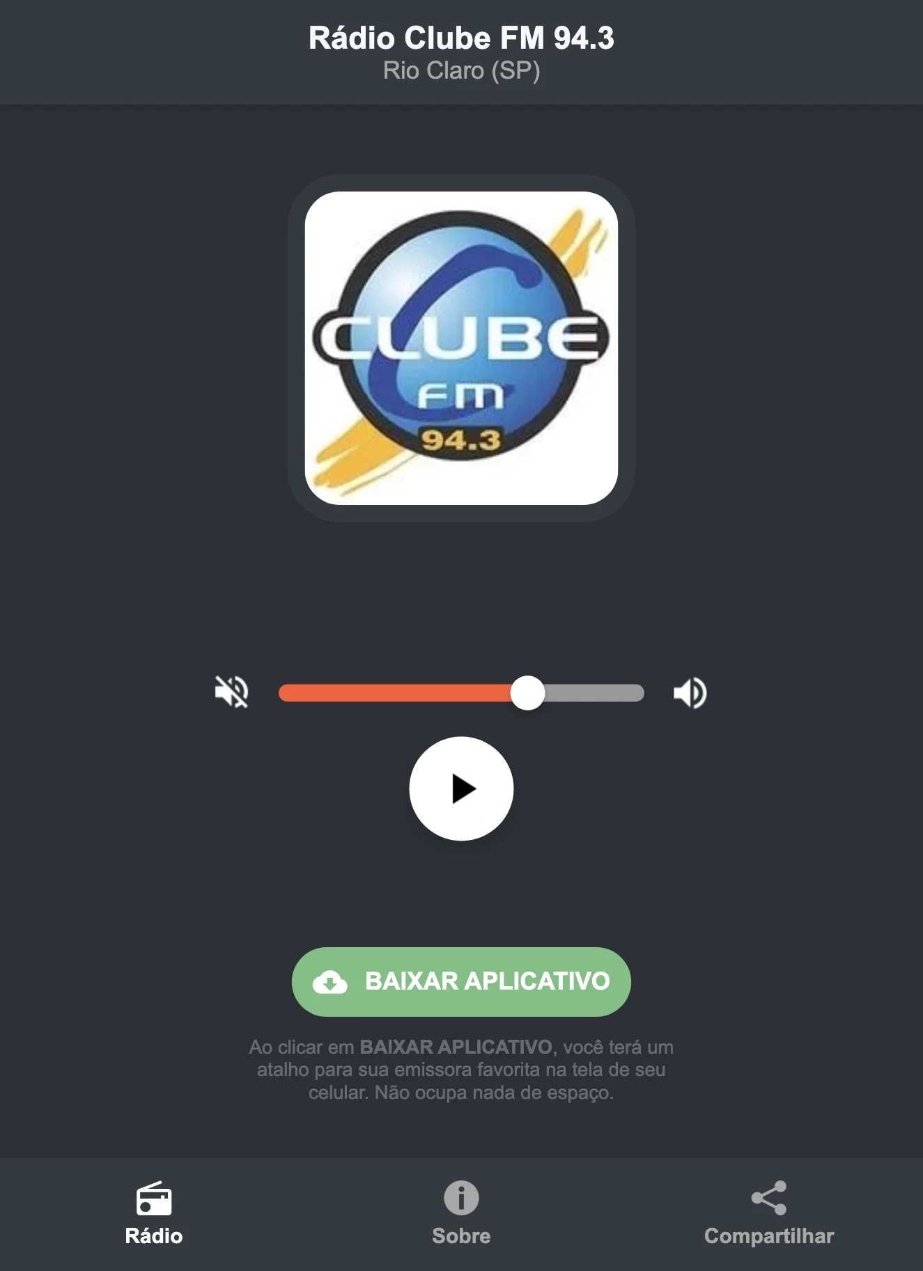 Screenshot do aplicativo da Rádio Clube FM 94.3