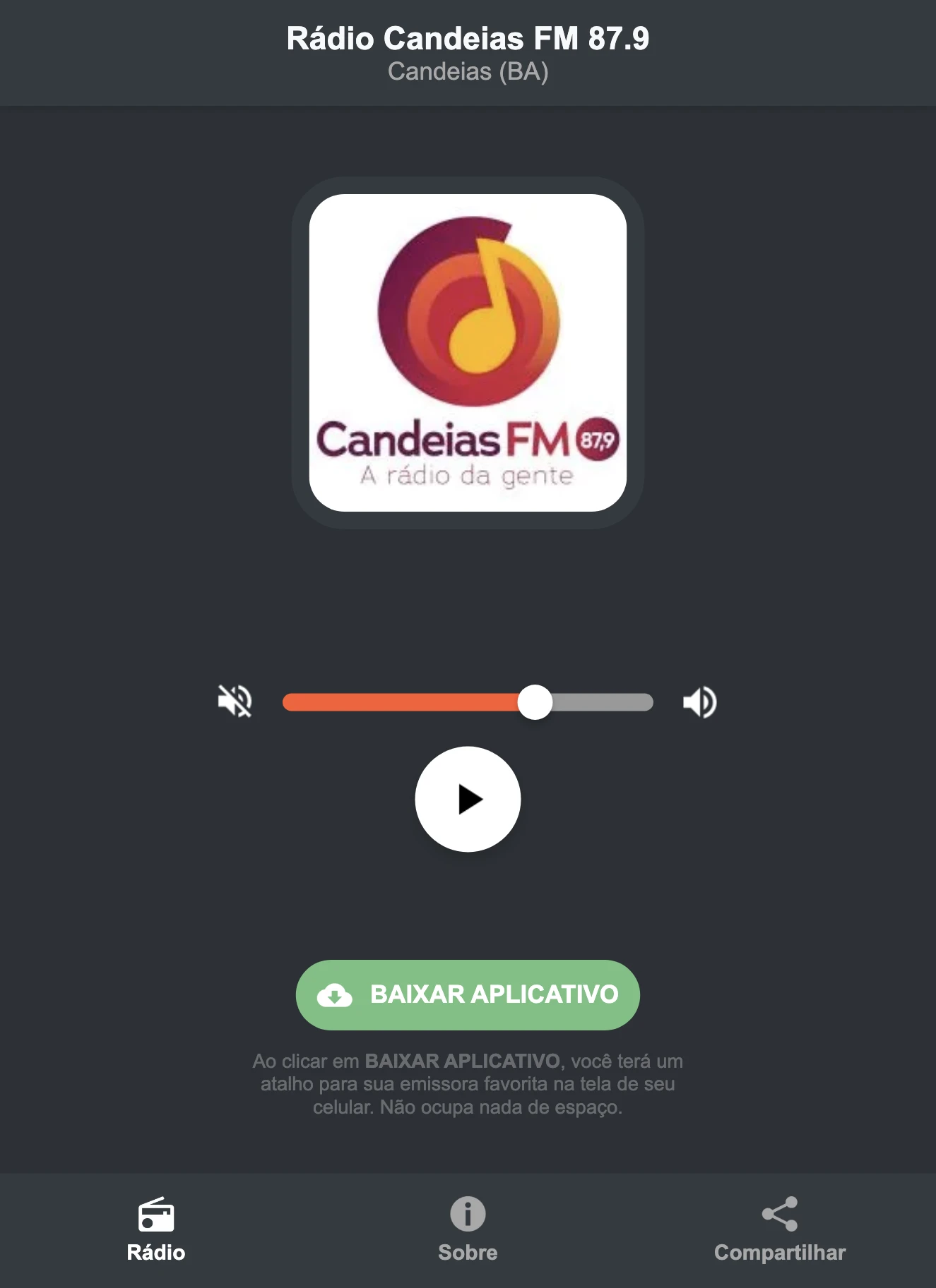 Screenshot do aplicativo da Rádio Candeias FM 87.9