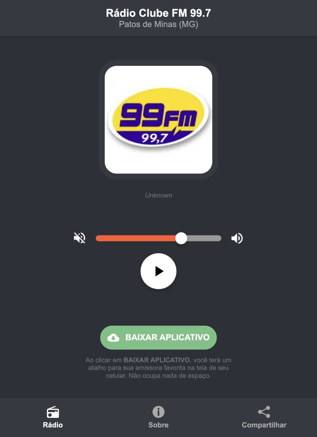 Screenshot do aplicativo da Rádio Clube FM 99.7