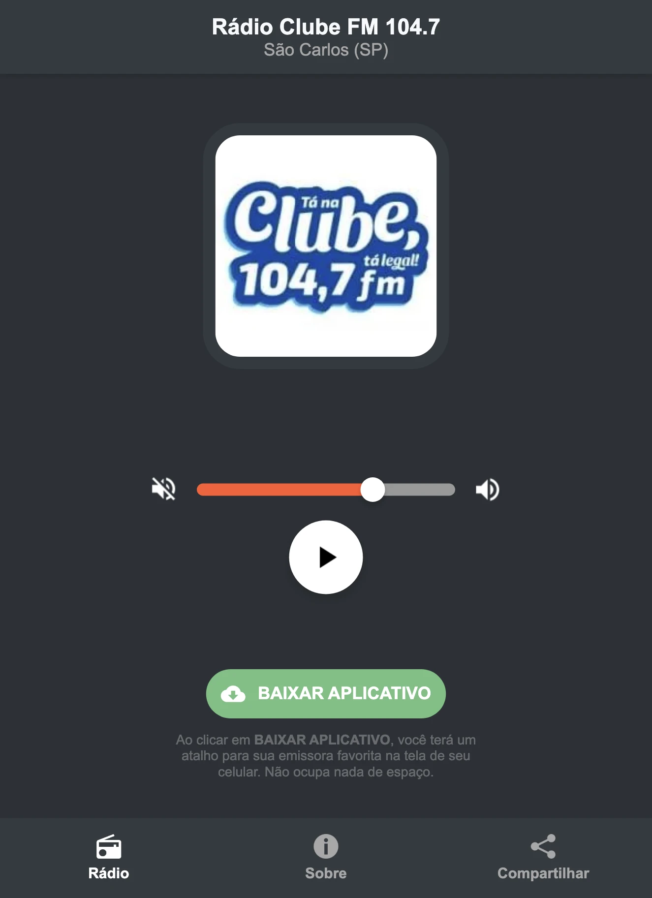 Screenshot do aplicativo da Rádio Clube FM 104.7
