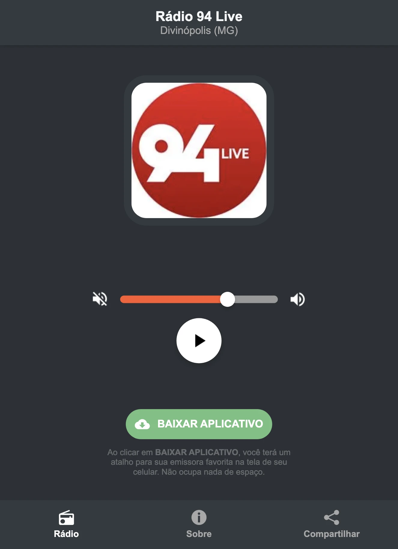 Screenshot do aplicativo da Rádio 94 Live