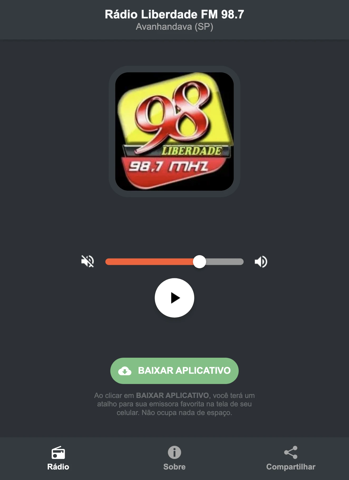 Screenshot do aplicativo da Rádio Liberdade FM 98.7