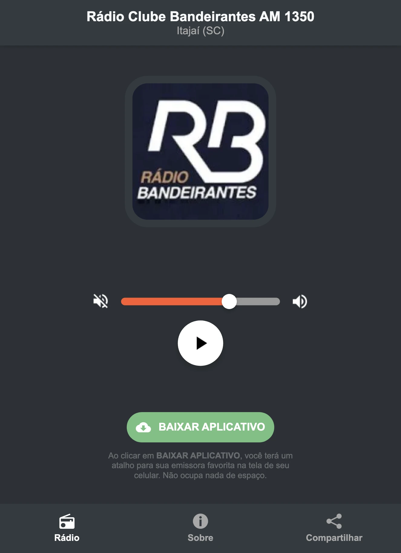 Screenshot do aplicativo da Rádio Clube Bandeirantes AM 1350