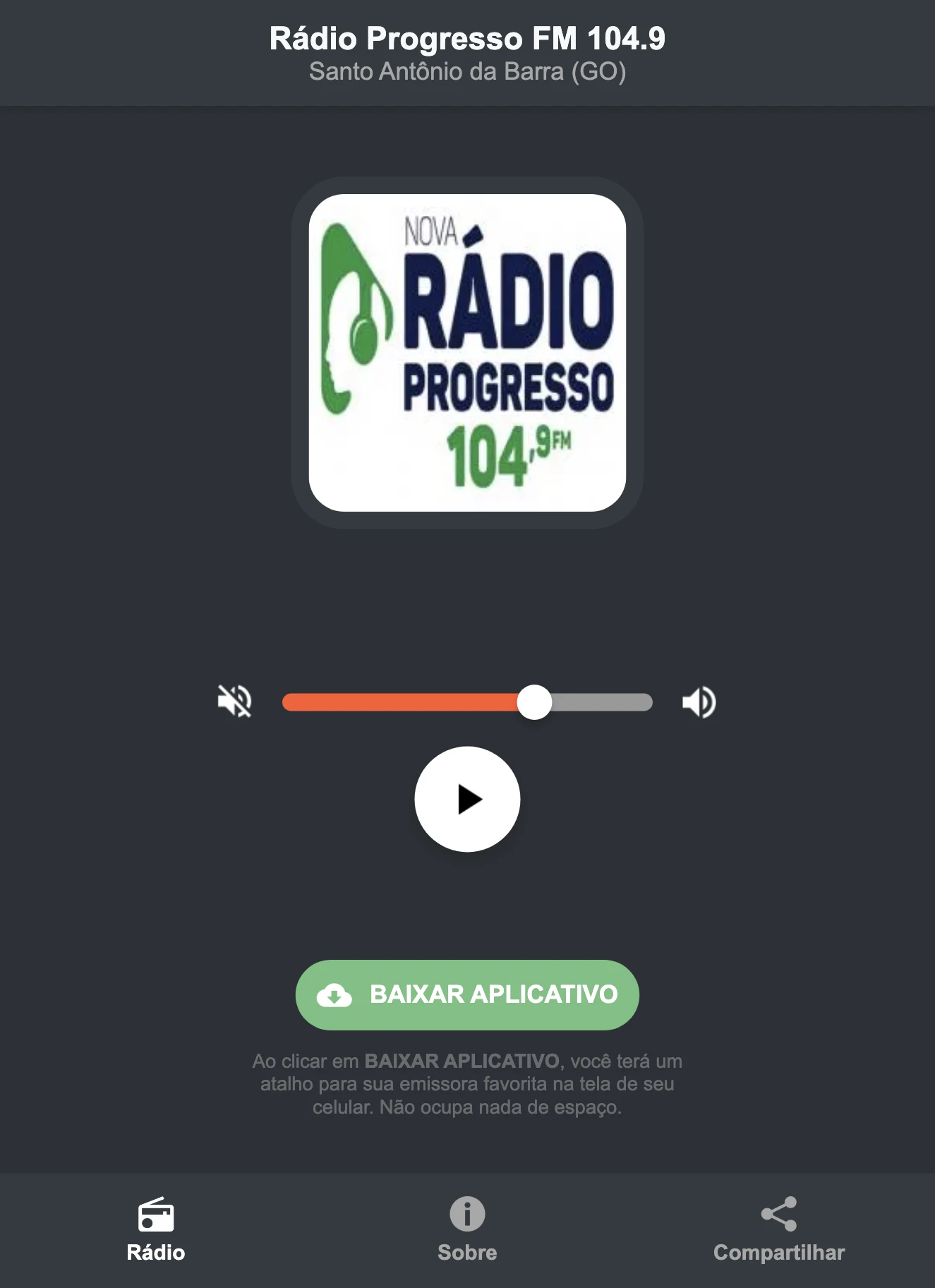 Screenshot do aplicativo da Rádio Progresso FM 104.9