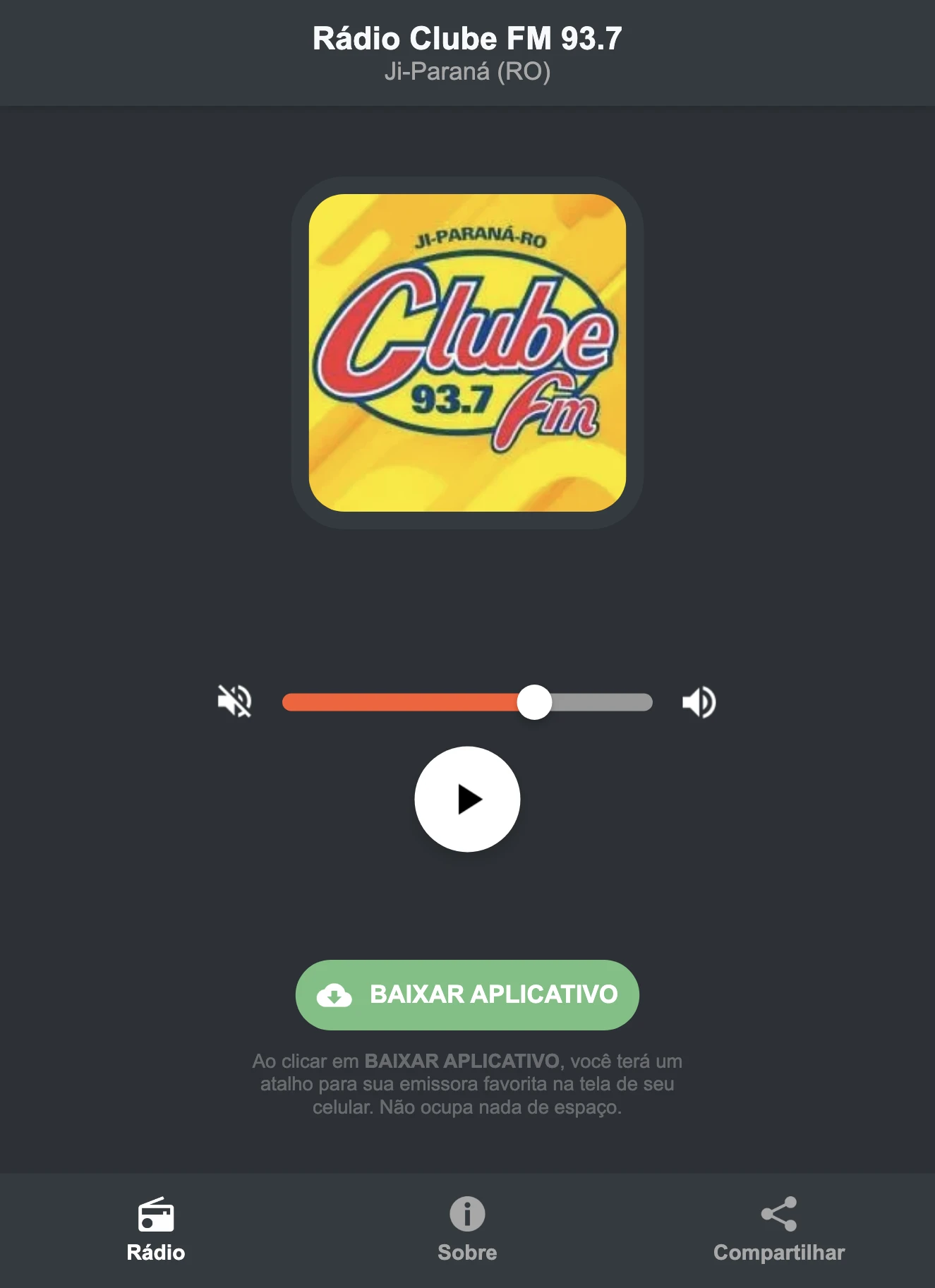 Screenshot do aplicativo da Rádio Clube FM 93.7