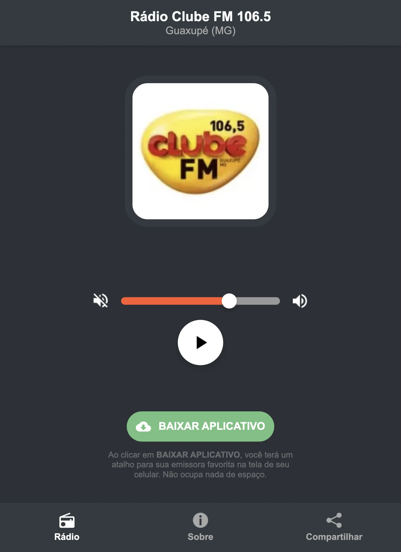 Screenshot do aplicativo da Rádio Clube FM 106.5
