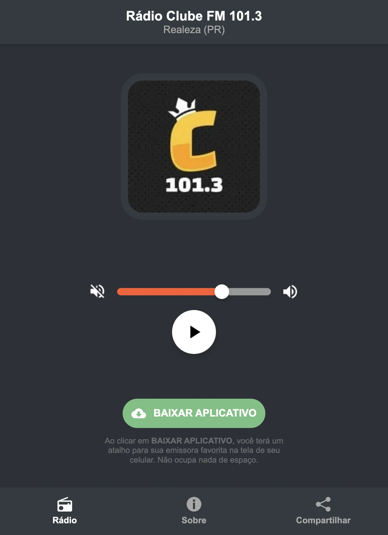 Screenshot do aplicativo da Rádio Clube FM 101.3