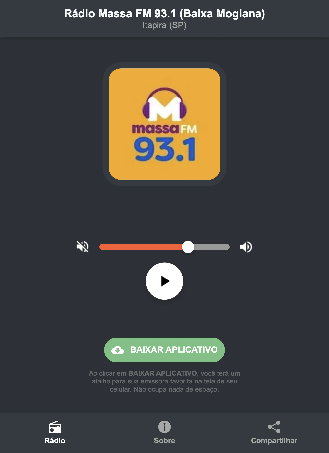Screenshot do aplicativo da Rádio Massa FM 93.1 (Baixa Mogiana)