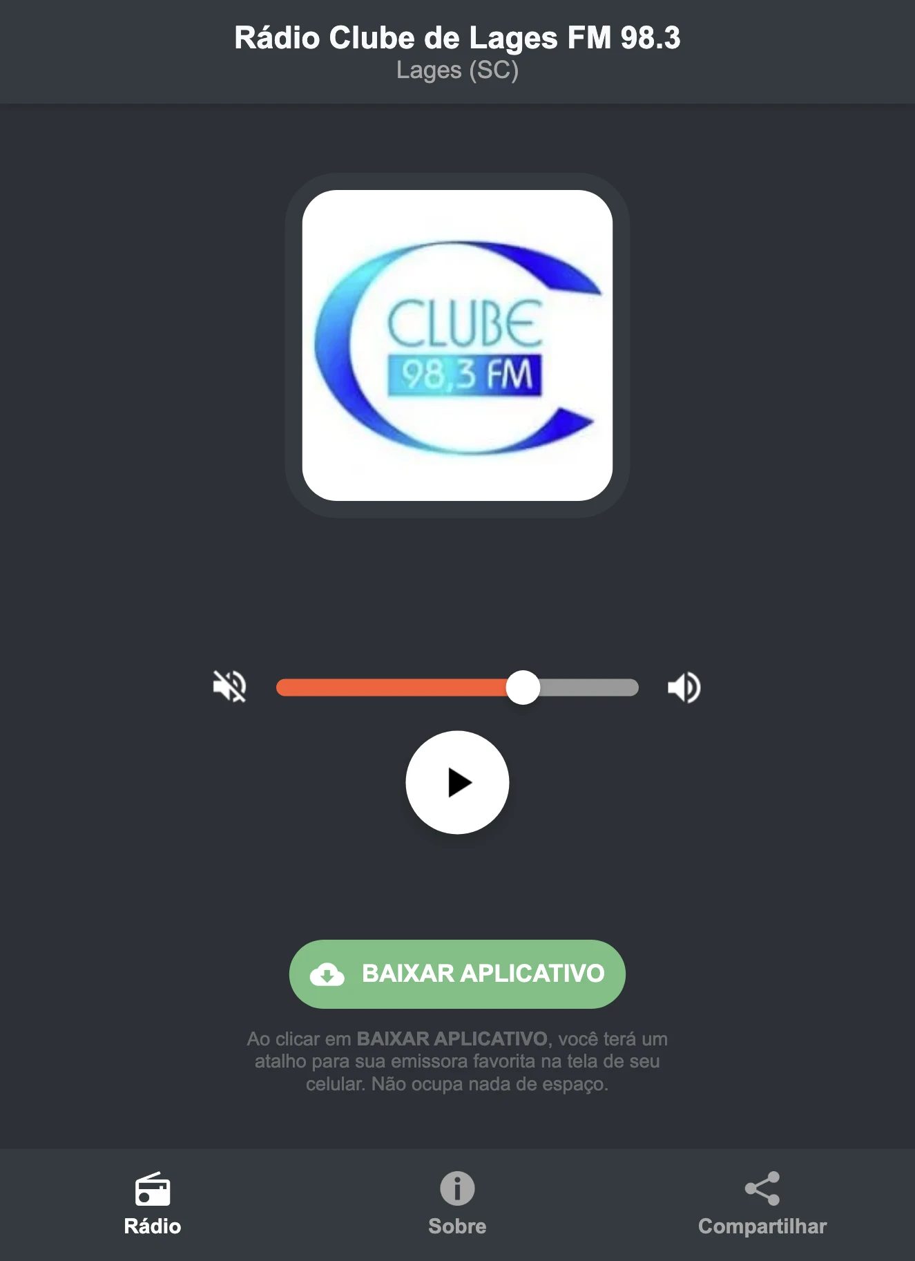 Screenshot do aplicativo da Rádio Clube de Lages FM 98.3