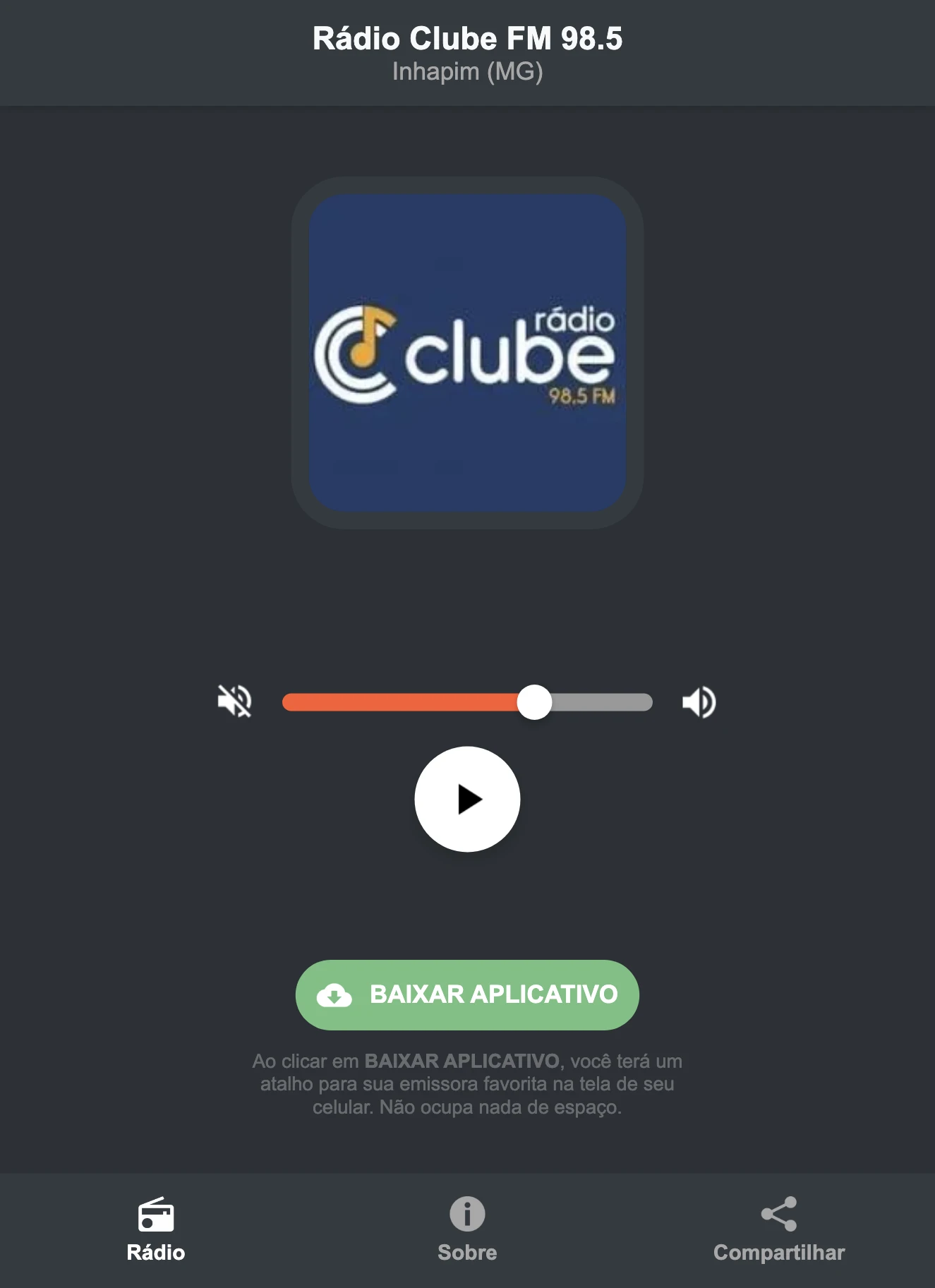 Screenshot do aplicativo da Rádio Clube FM 98.5