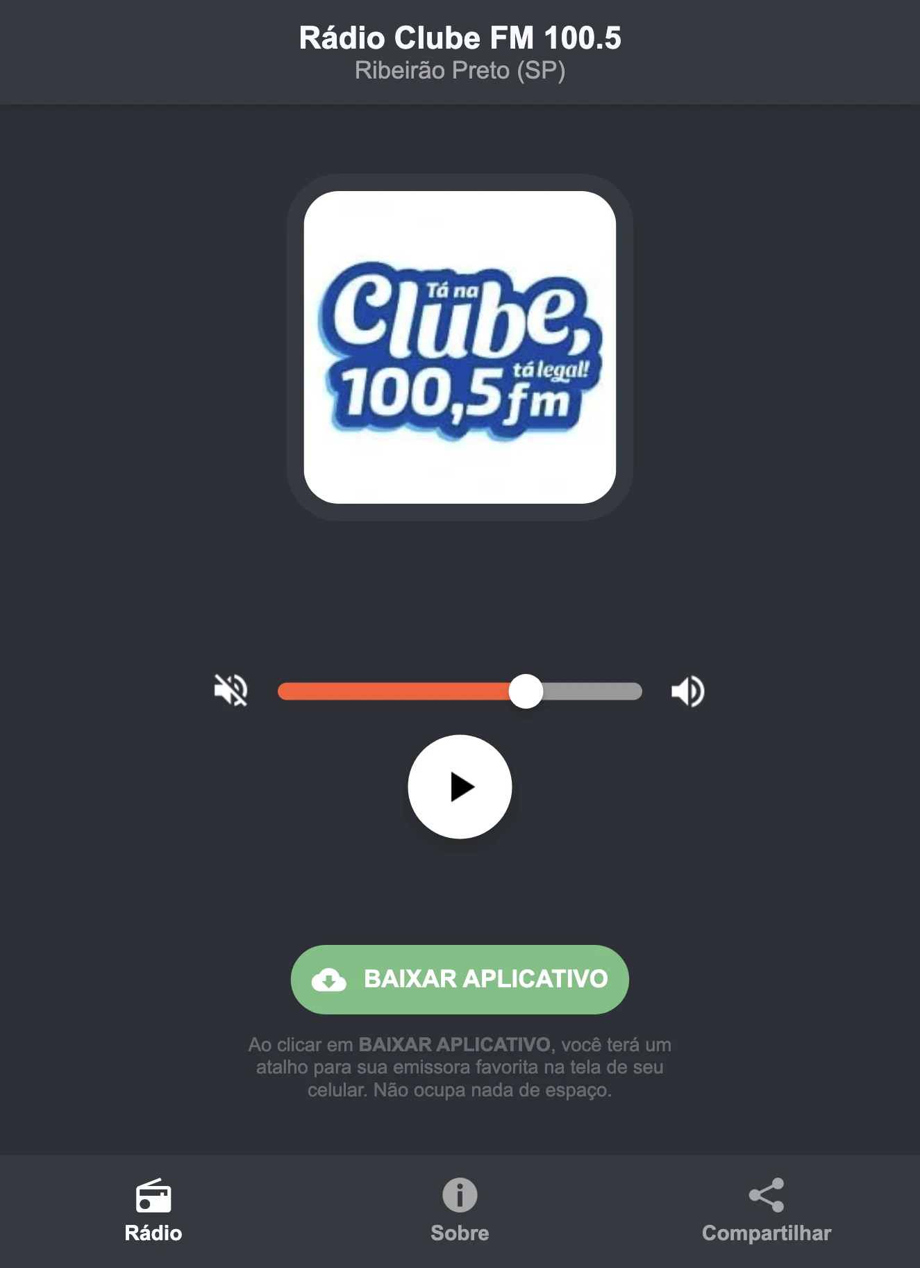 Screenshot do aplicativo da Rádio Clube FM 100.5