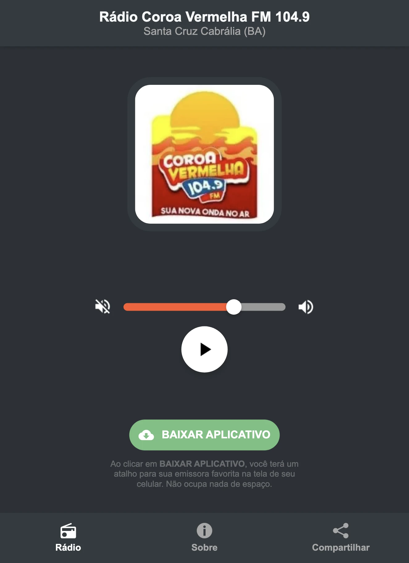 Screenshot do aplicativo da Rádio Coroa Vermelha FM 104.9