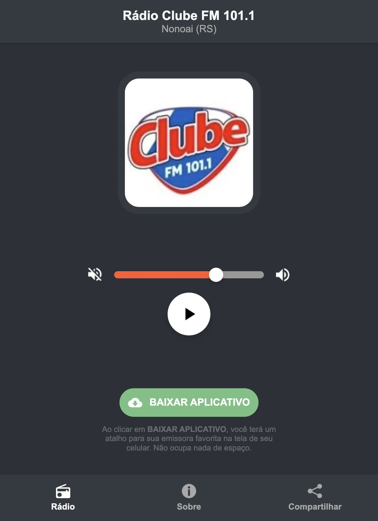 Screenshot do aplicativo da Rádio Clube FM 101.1