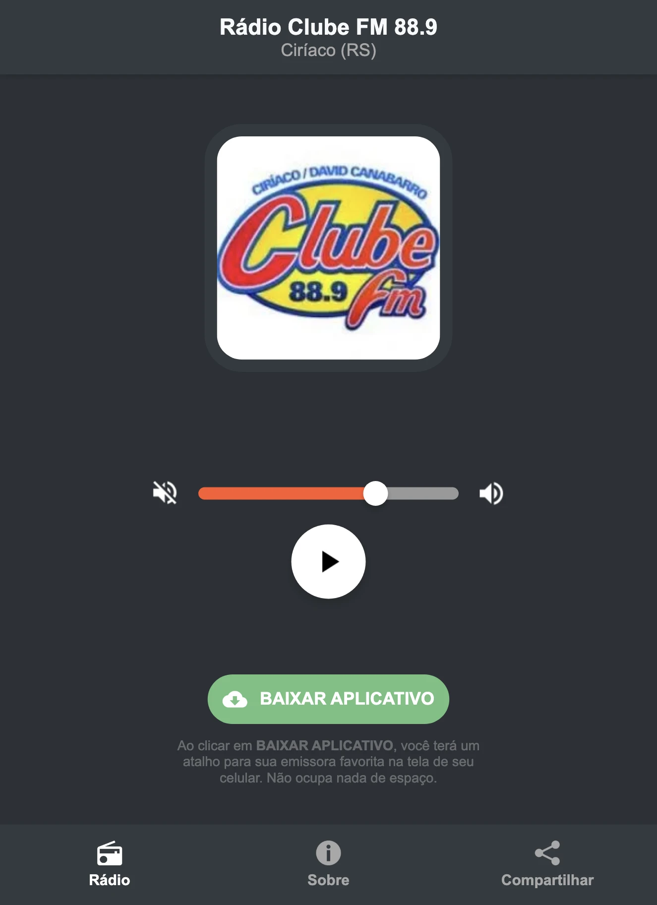 Screenshot do aplicativo da Rádio Clube FM 88.9