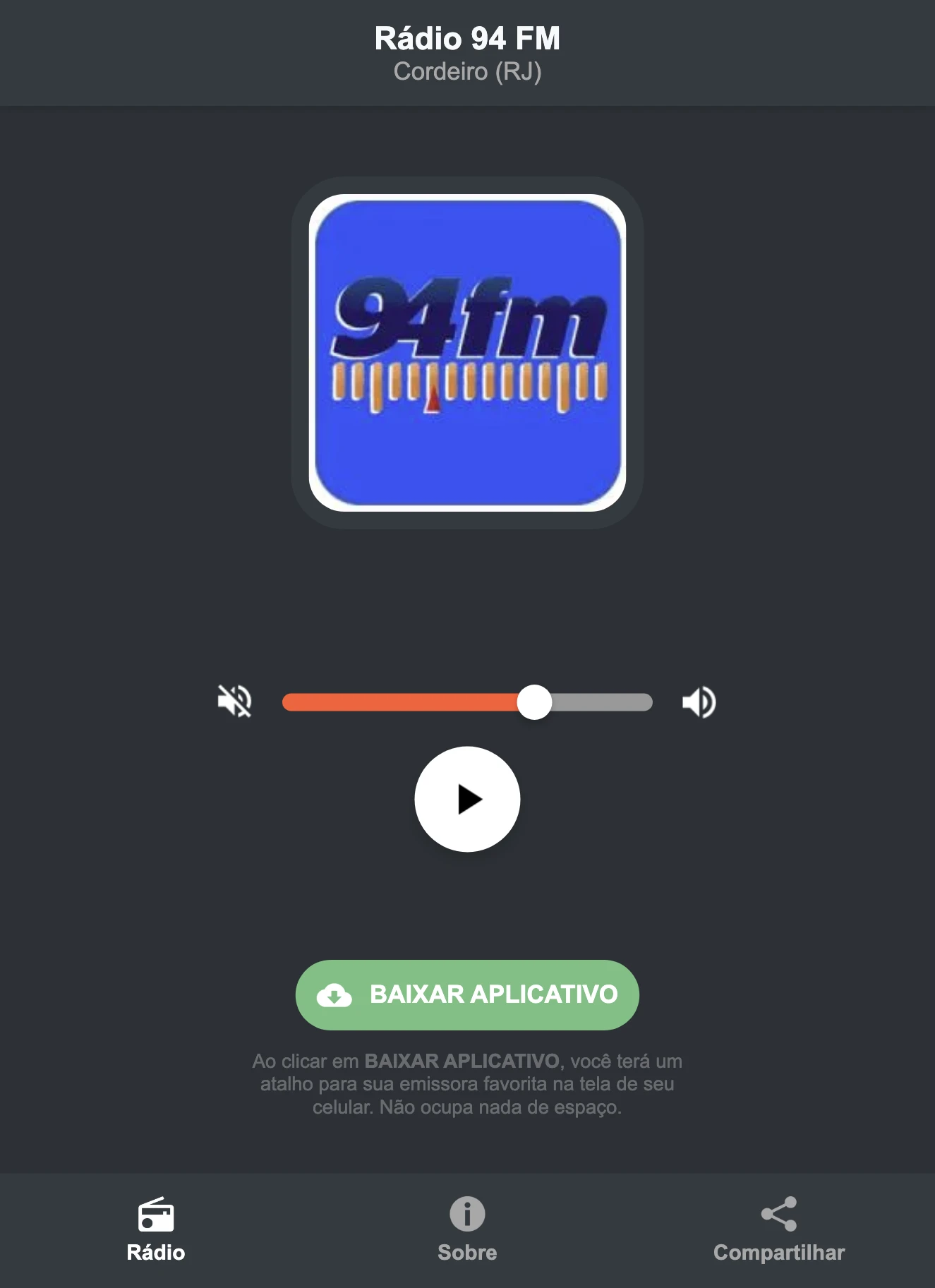 Screenshot do aplicativo da Rádio 94 FM