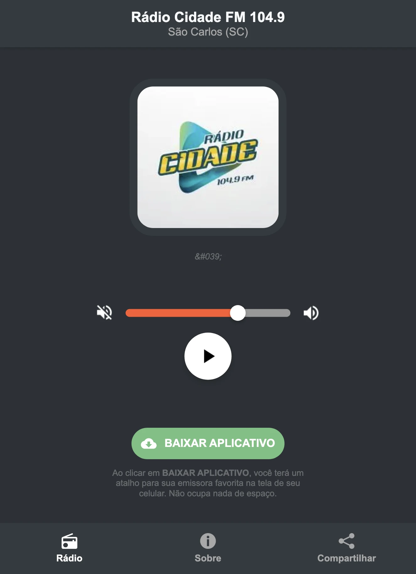 Screenshot do aplicativo da Rádio Cidade FM 104.9