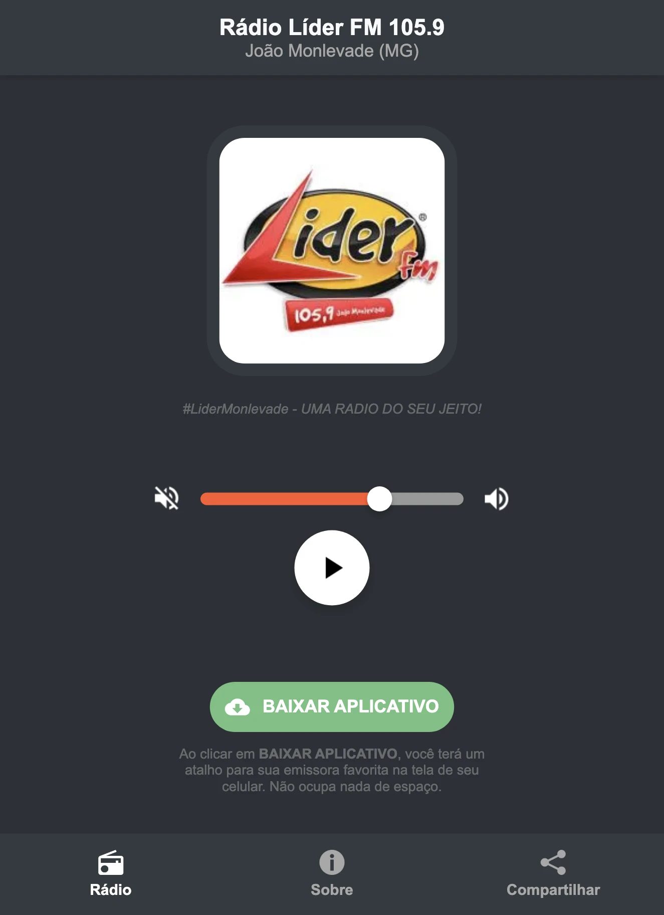 Screenshot do aplicativo da Rádio Líder FM 105.9