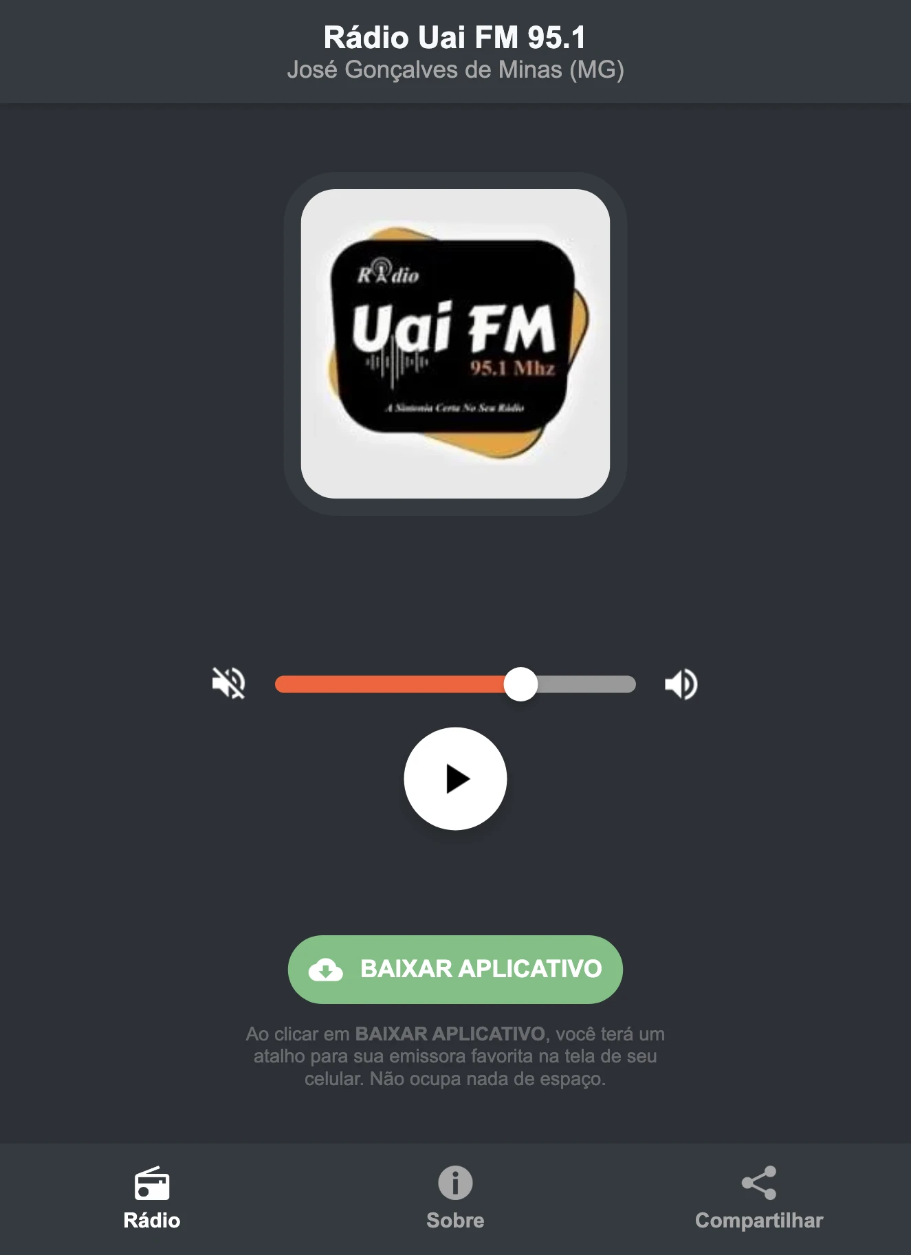 Screenshot do aplicativo da Rádio Uai FM 95.1