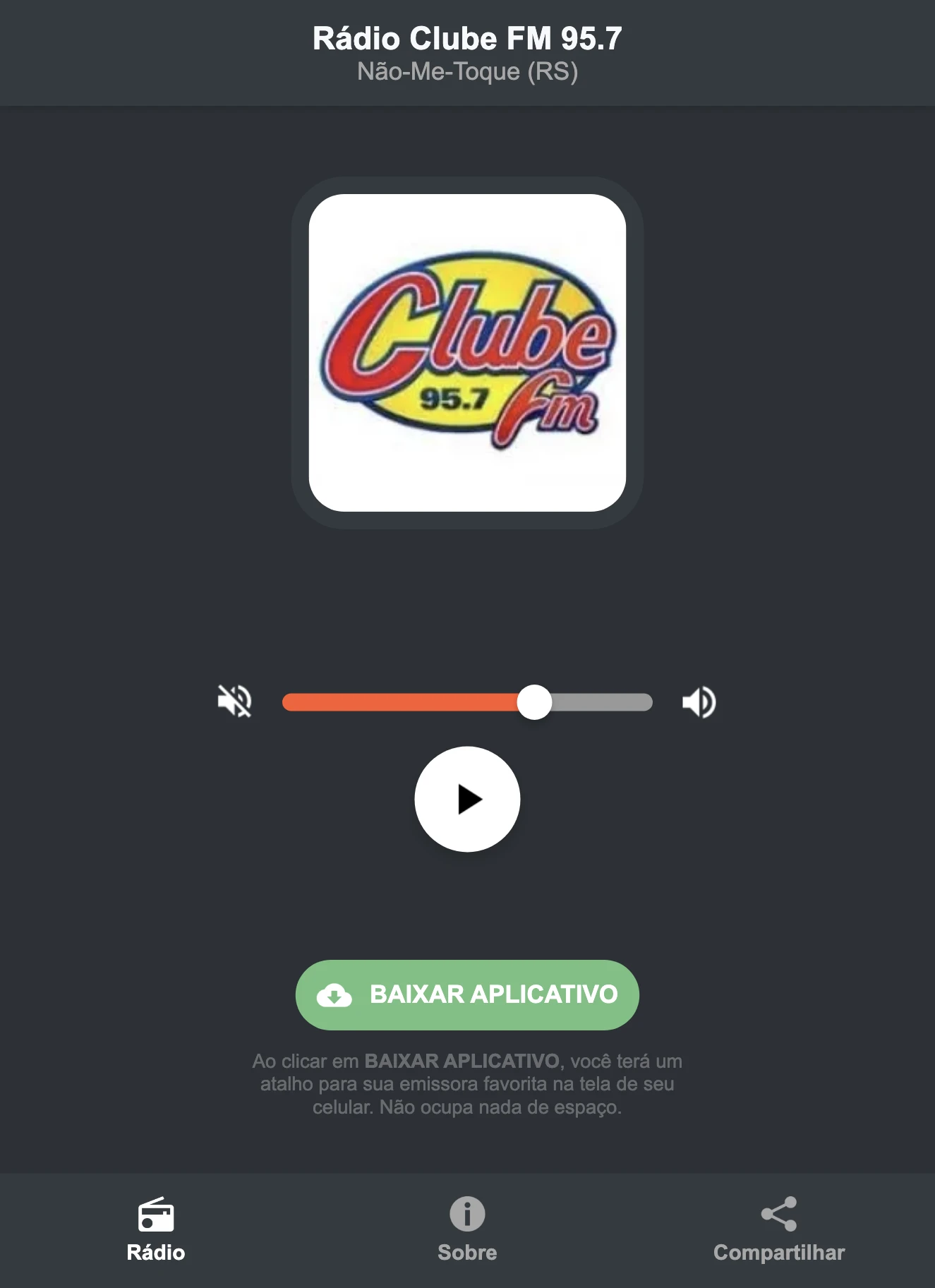 Screenshot do aplicativo da Rádio Clube FM 95.7