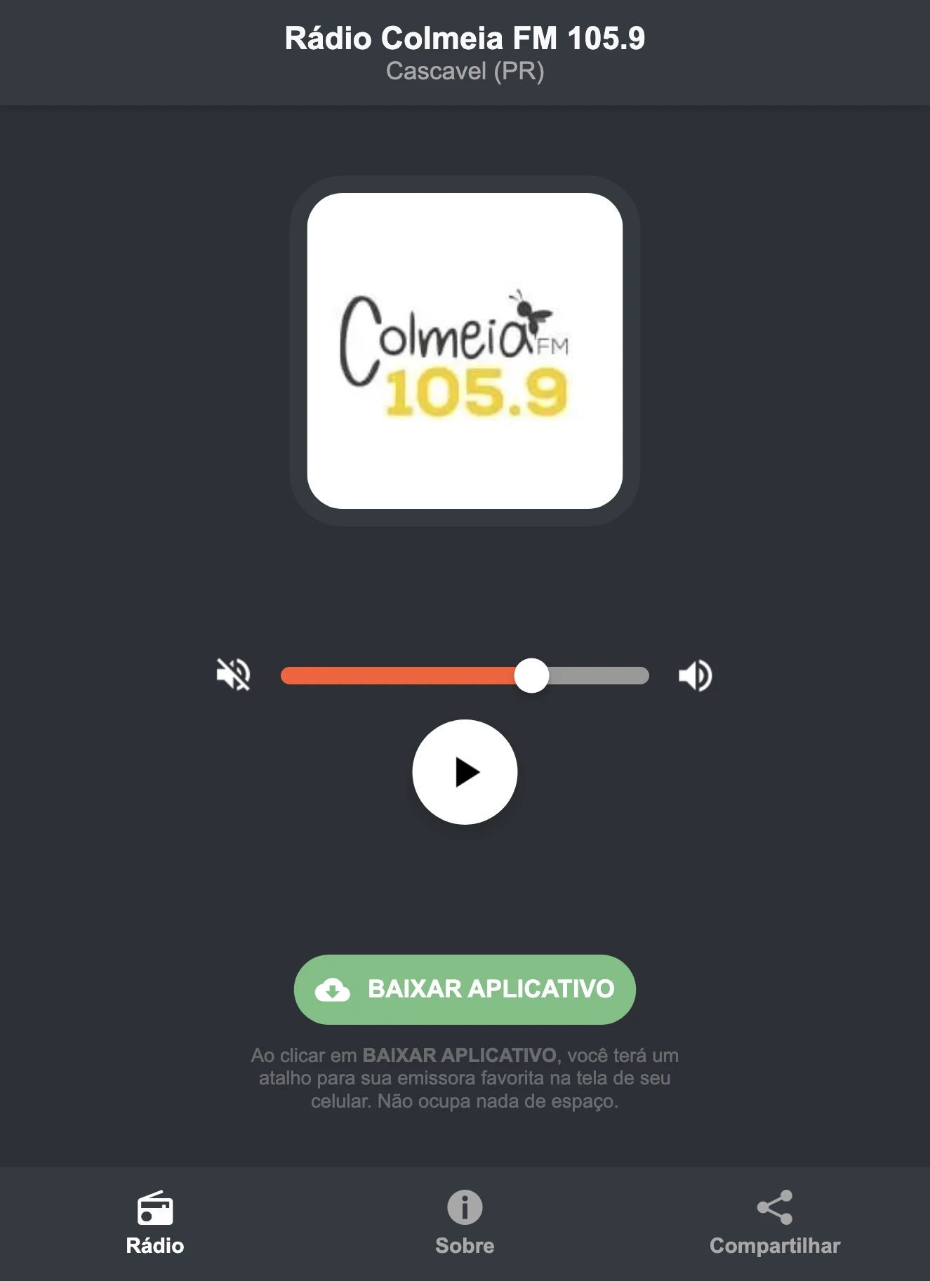Screenshot do aplicativo da Rádio Colmeia FM 105.9