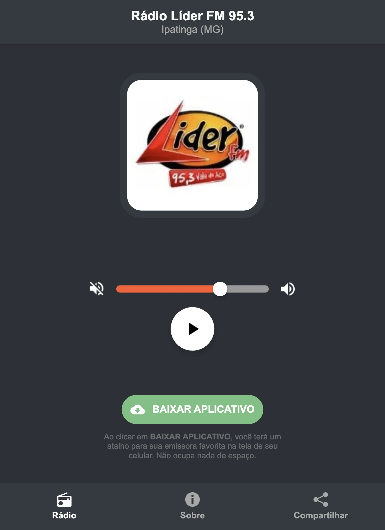 Screenshot do aplicativo da Rádio Líder FM 95.3