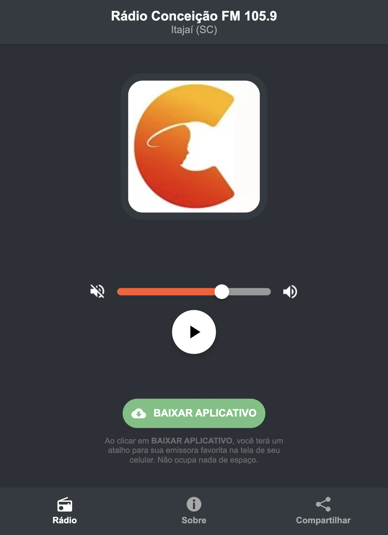 Screenshot do aplicativo da Rádio Conceição FM 105.9