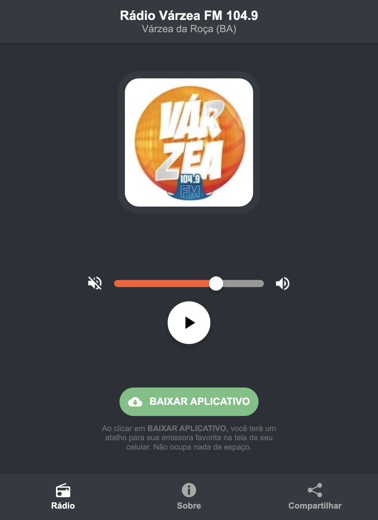 Screenshot do aplicativo da Rádio Várzea FM 104.9