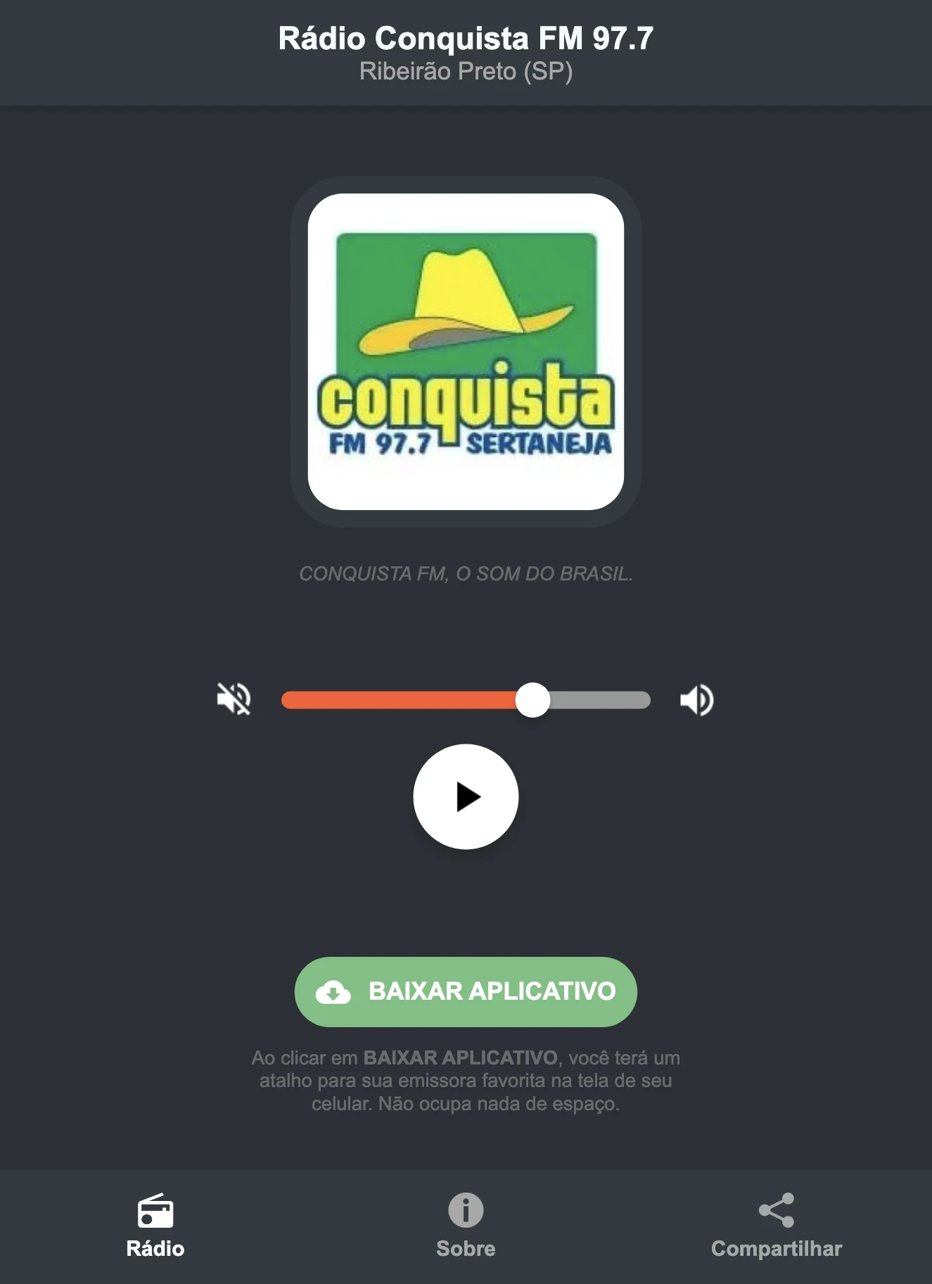 Screenshot do aplicativo da Rádio Conquista FM 97.7