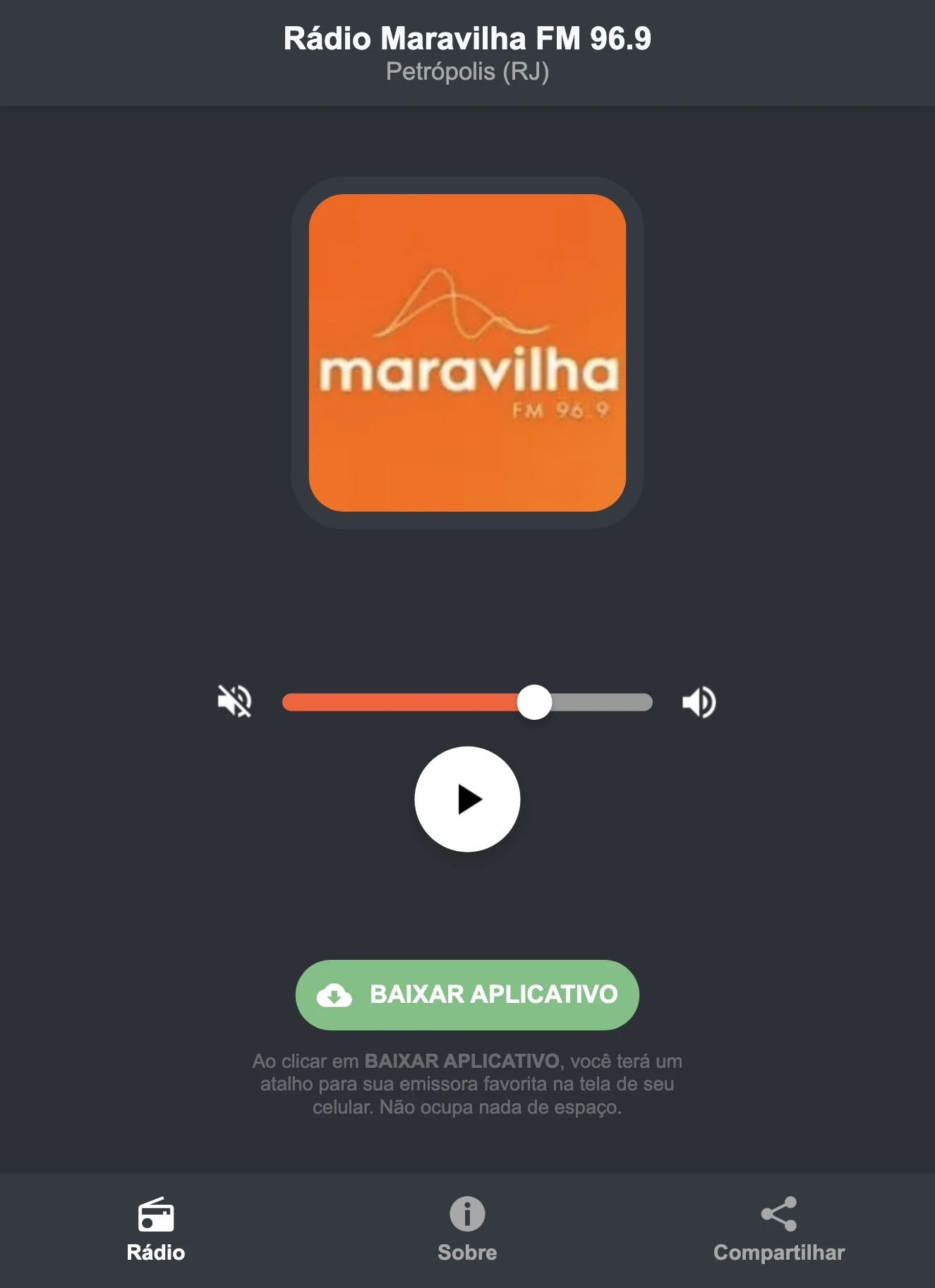 Screenshot do aplicativo da Rádio Maravilha FM 96.9