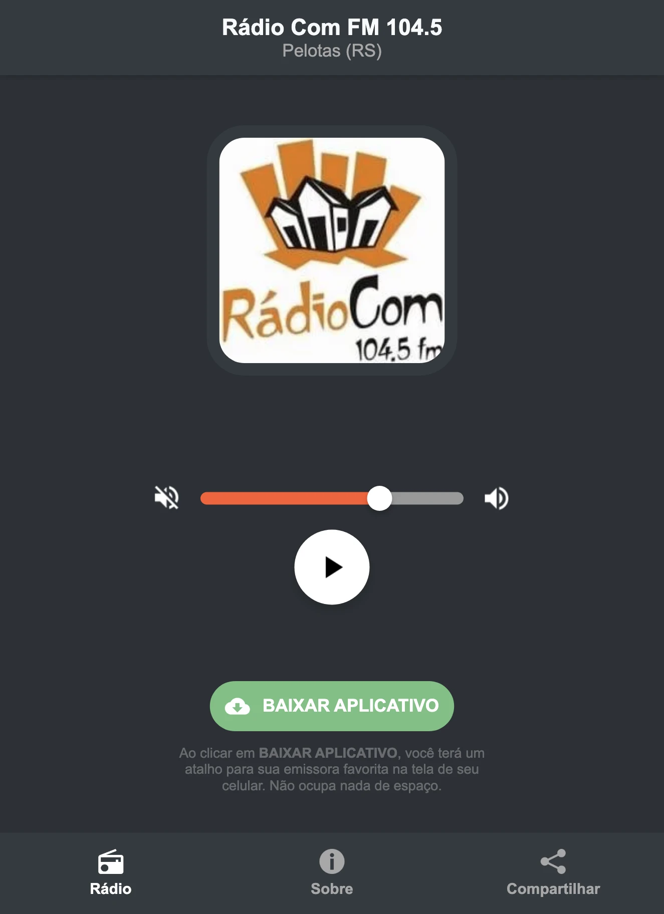 Screenshot do aplicativo da Rádio Com FM 104.5