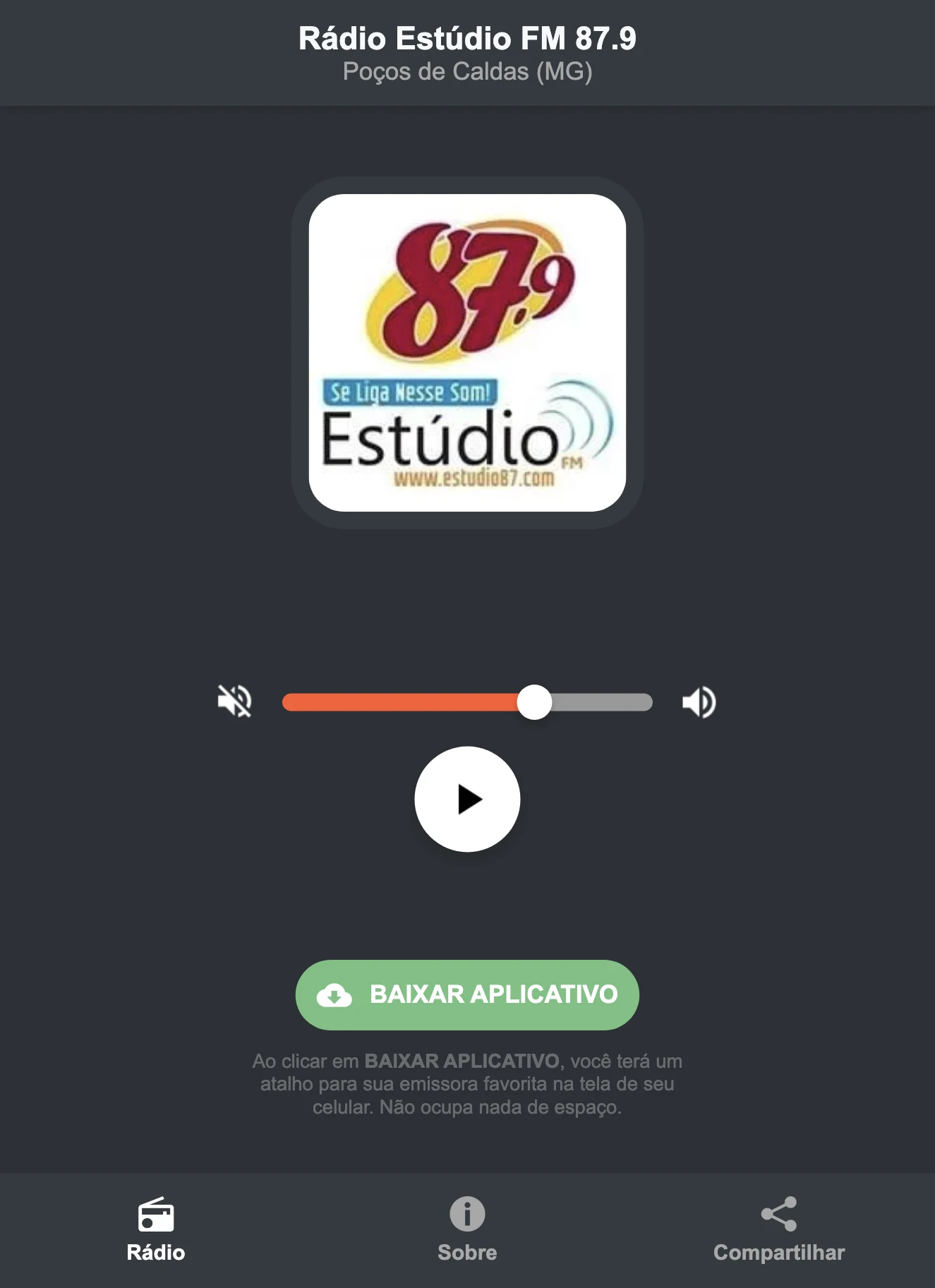 Screenshot do aplicativo da Rádio Estúdio FM 87.9