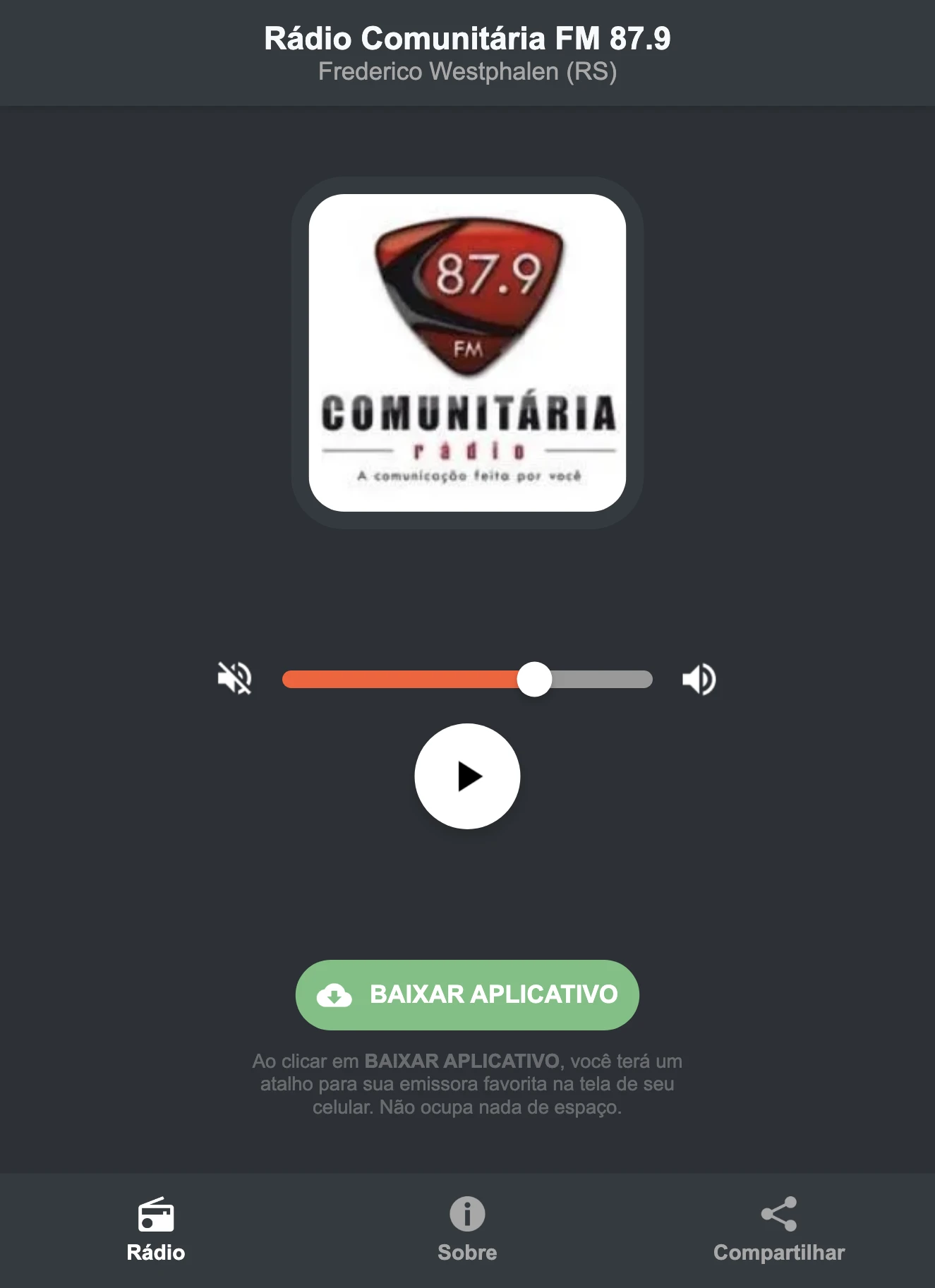 Screenshot do aplicativo da Rádio Comunitária FM 87.9