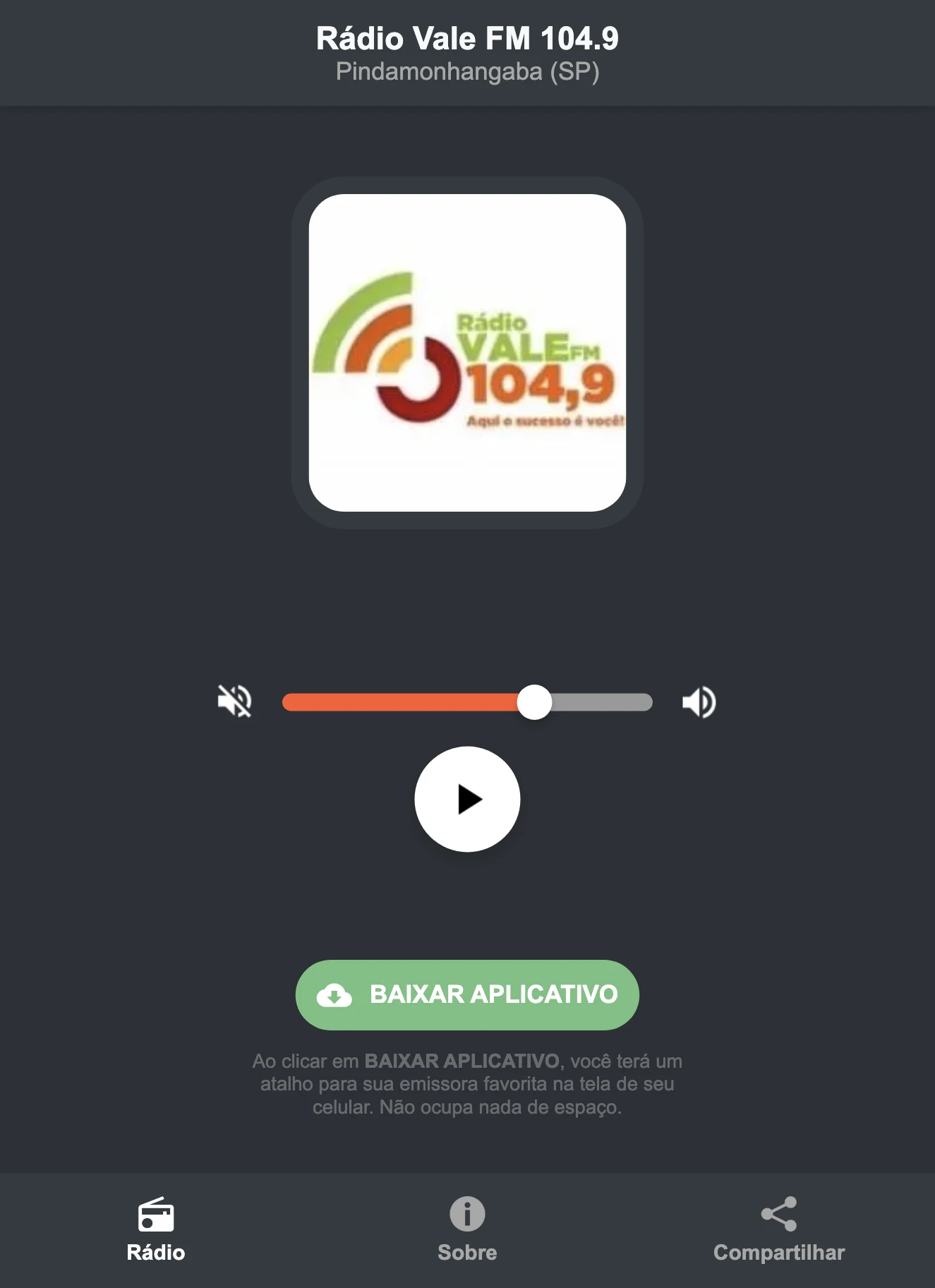 Screenshot do aplicativo da Rádio Vale FM 104.9