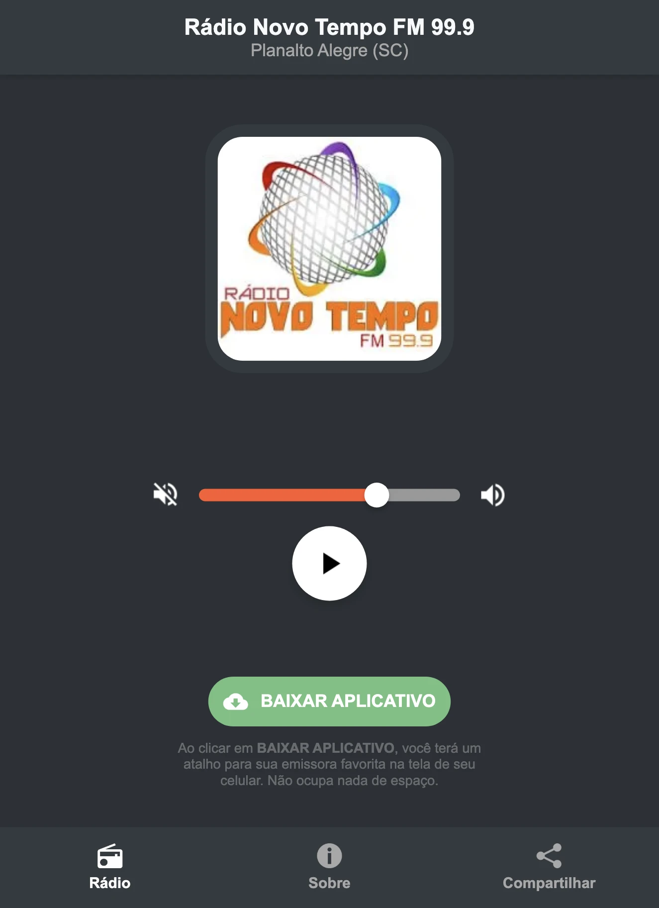 Screenshot do aplicativo da Rádio Novo Tempo FM 99.9