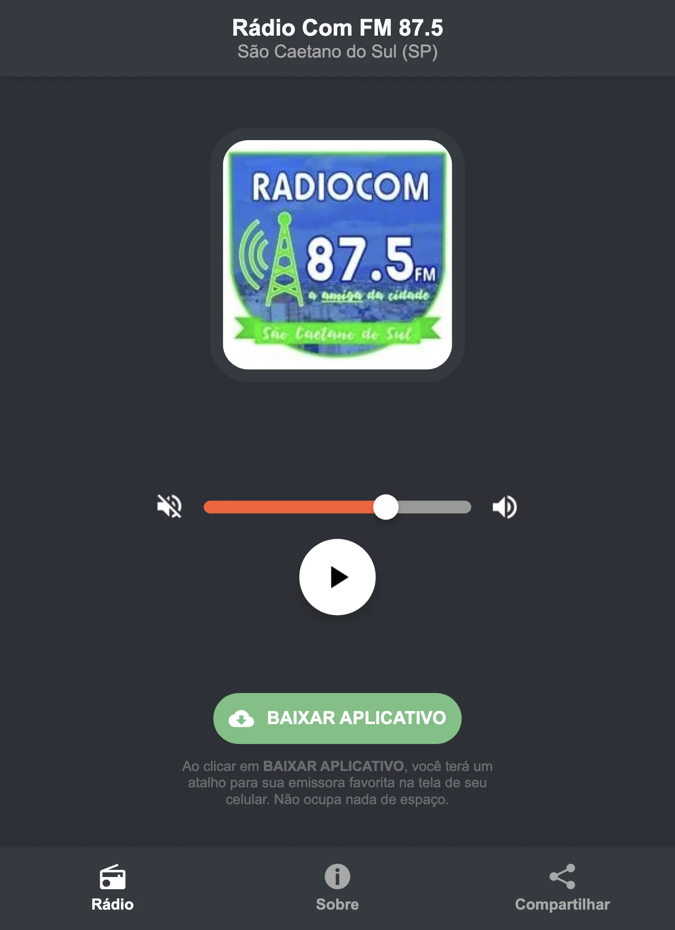 Screenshot do aplicativo da Rádio Com FM 87.5