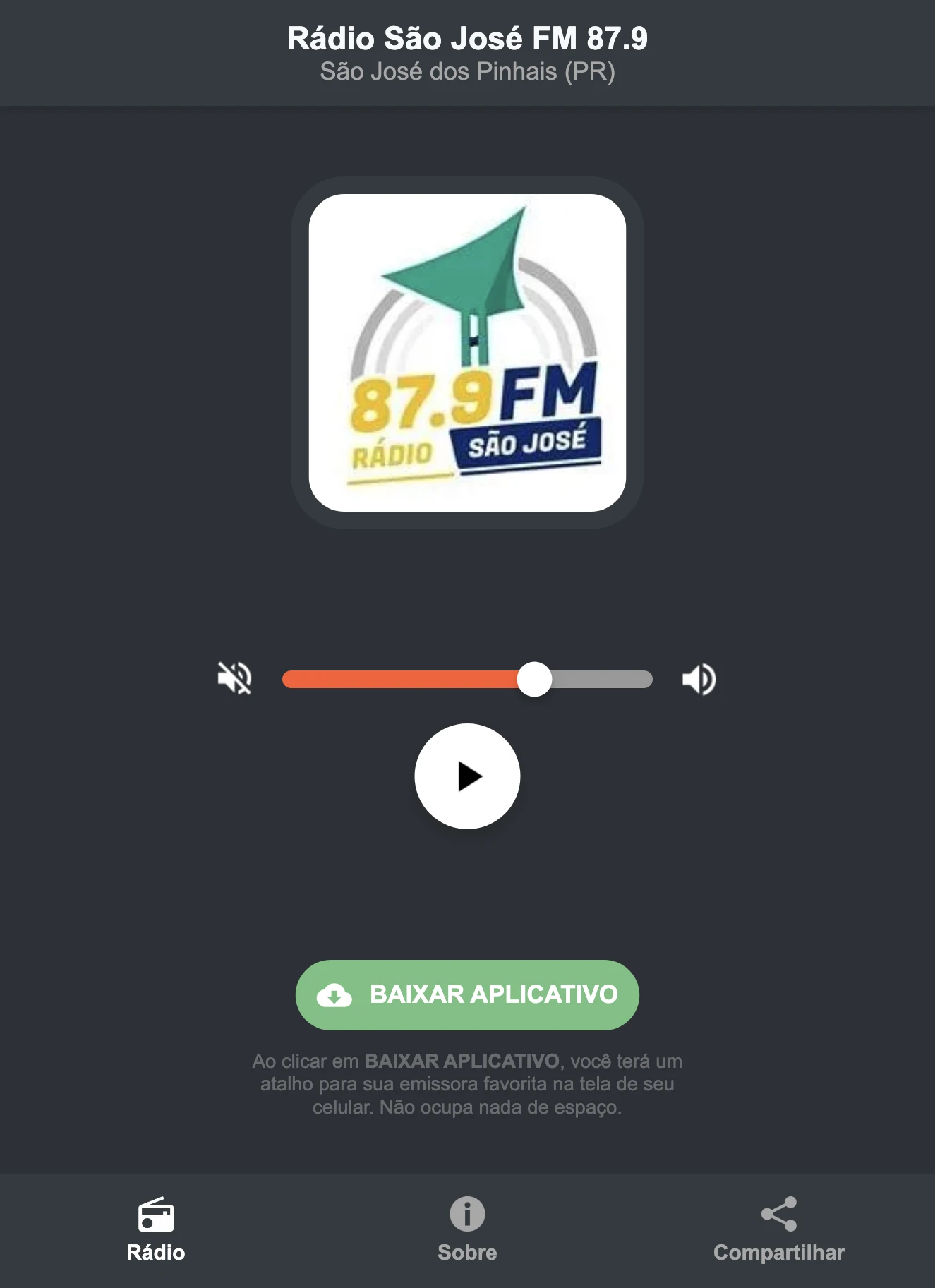 Screenshot do aplicativo da Rádio São José FM 87.9