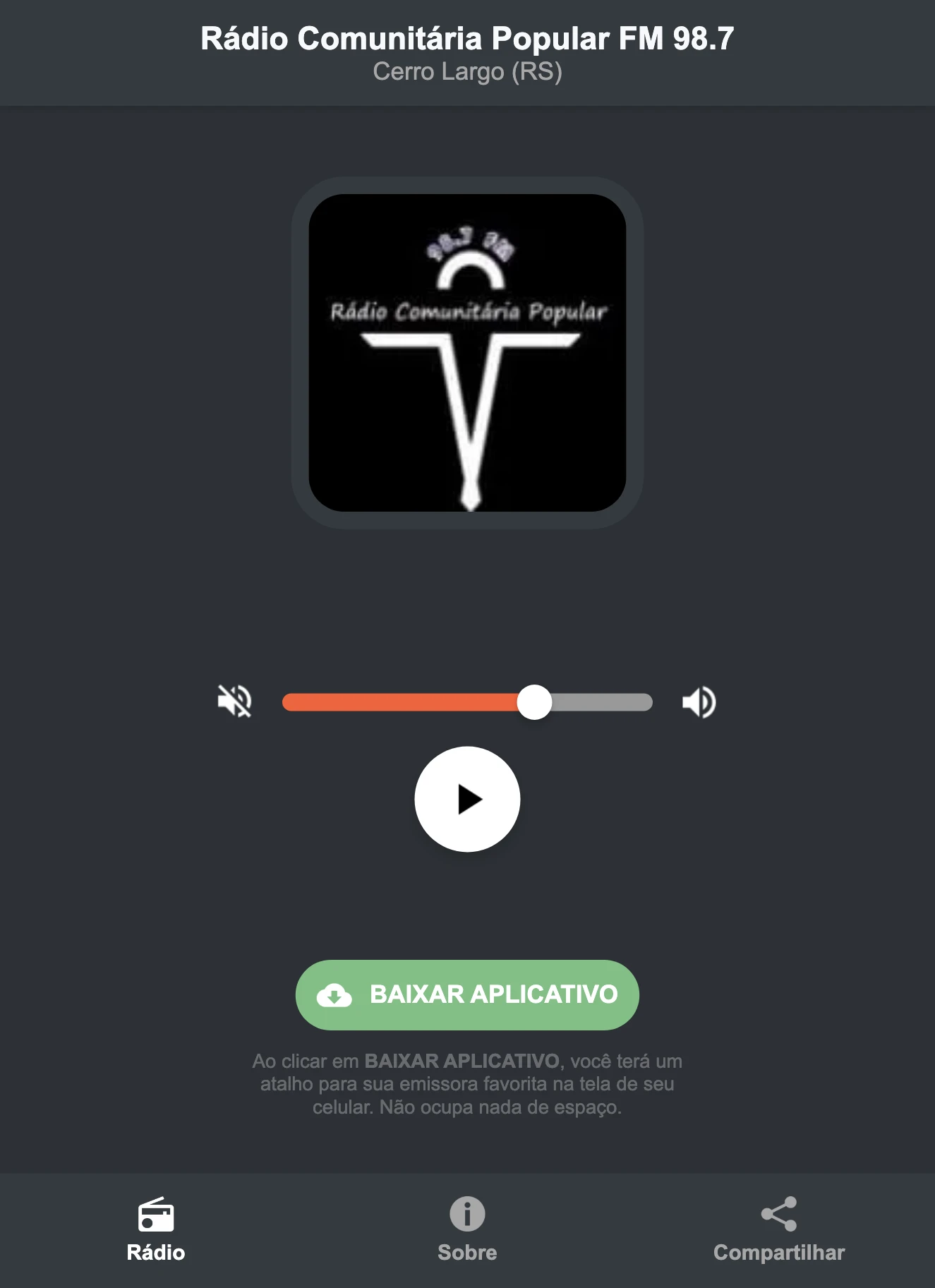 Screenshot do aplicativo da Rádio Comunitária Popular FM 98.7