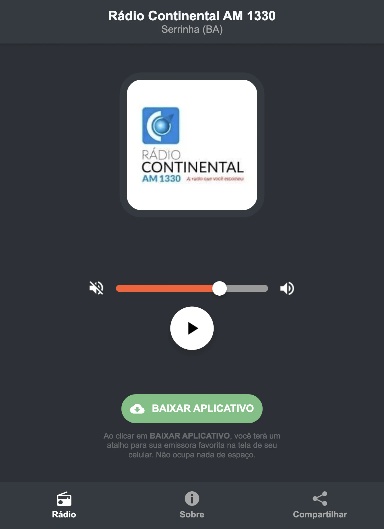 Screenshot do aplicativo da Rádio Continental AM 1330