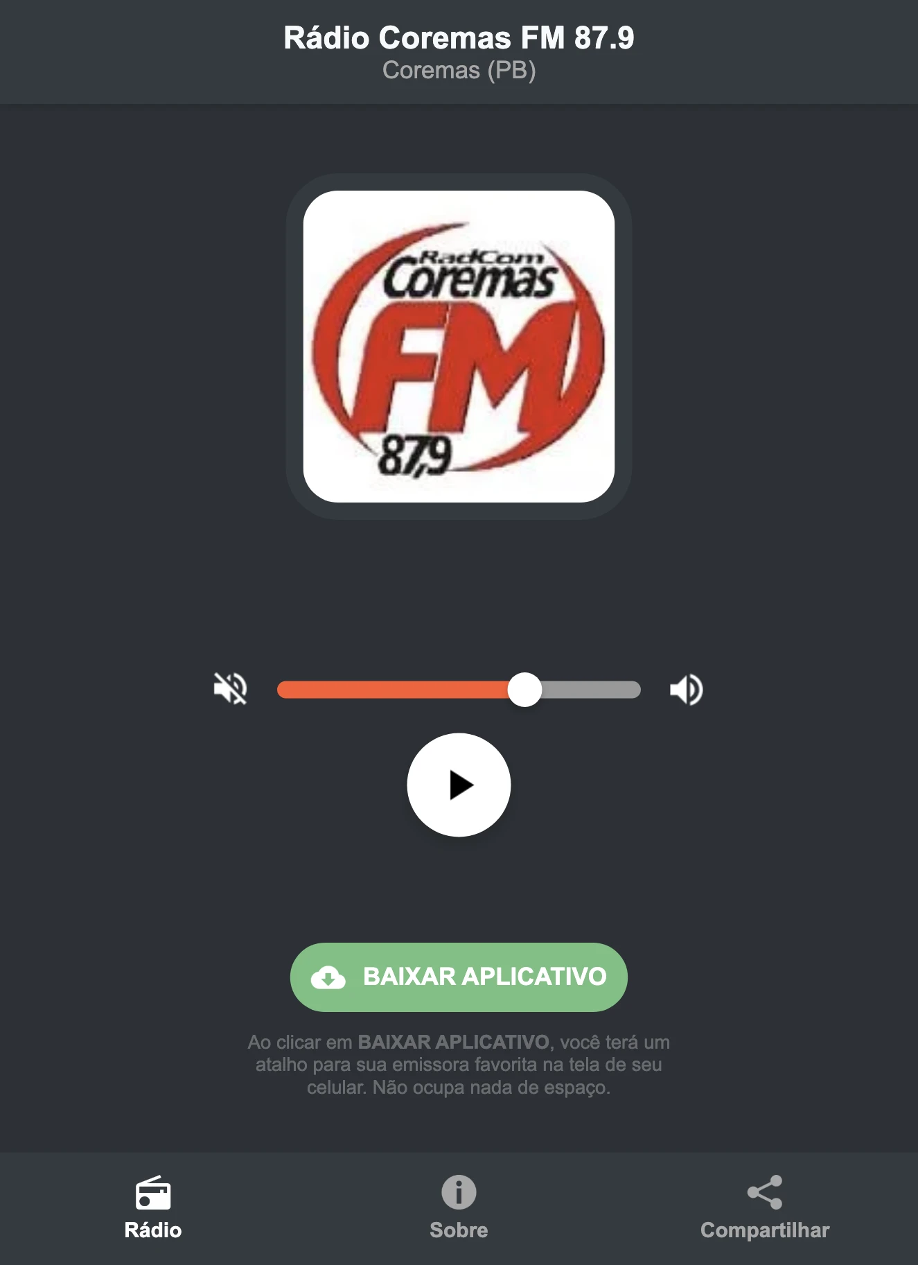 Screenshot do aplicativo da Rádio Coremas FM 87.9