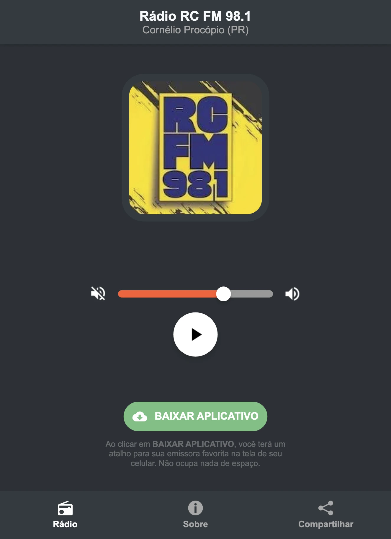 Screenshot do aplicativo da Rádio RC FM 98.1