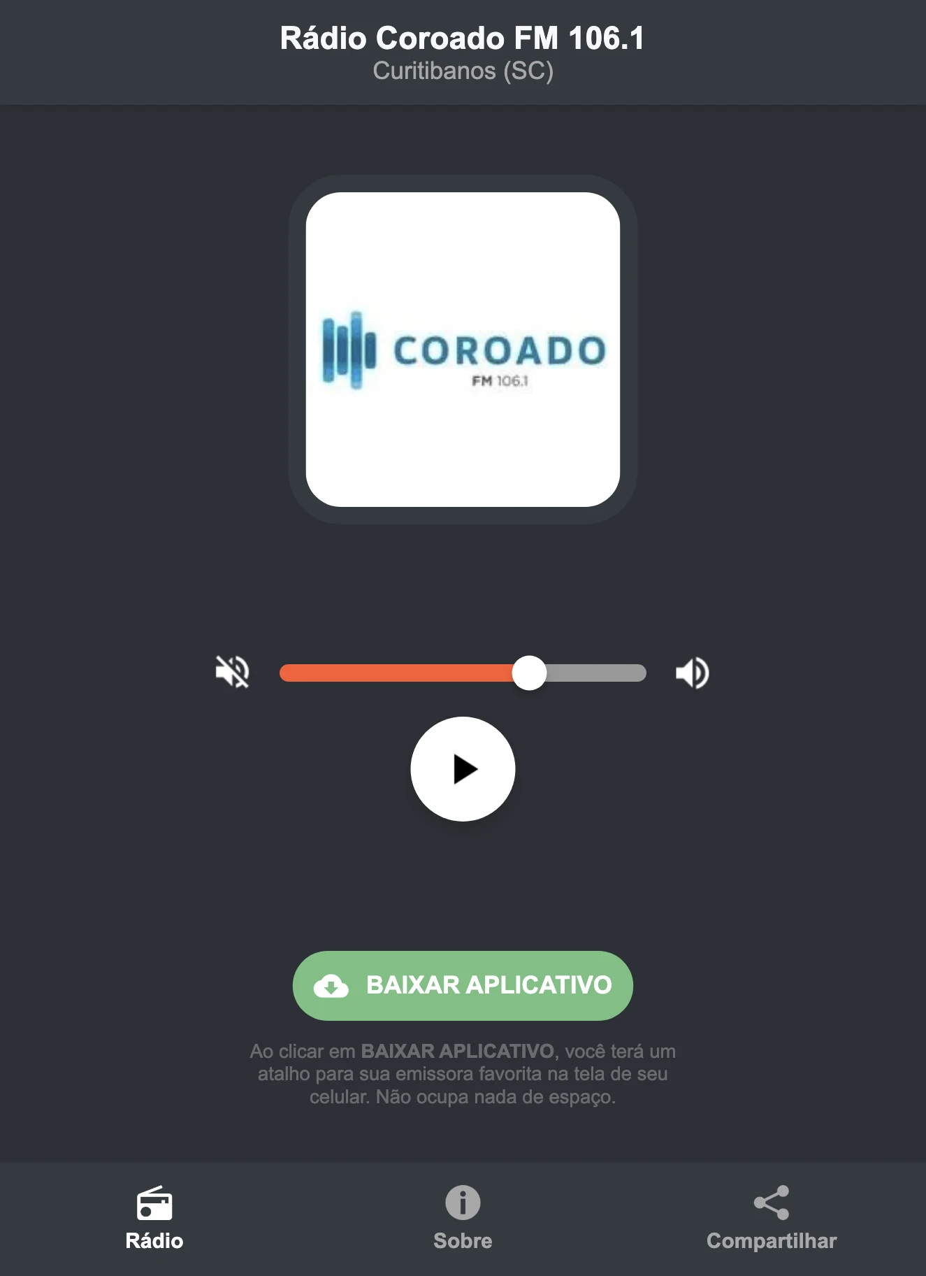 Screenshot do aplicativo da Rádio Coroado FM 106.1
