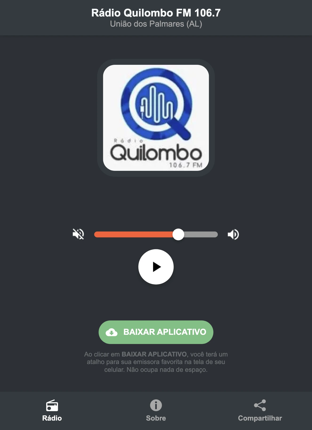 Screenshot do aplicativo da Rádio Quilombo FM 106.7