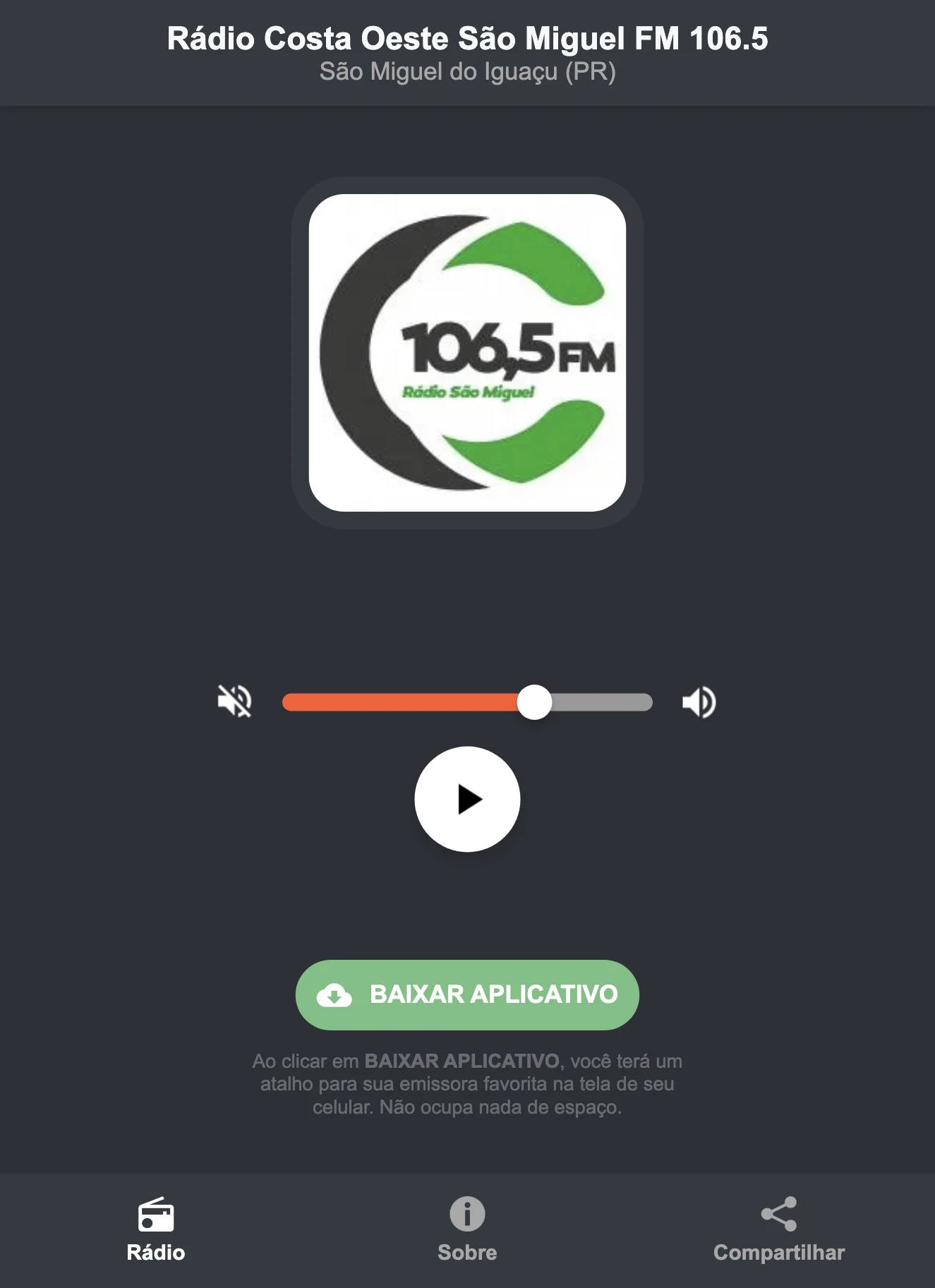 Screenshot do aplicativo da Rádio Costa Oeste São Miguel FM 106.5