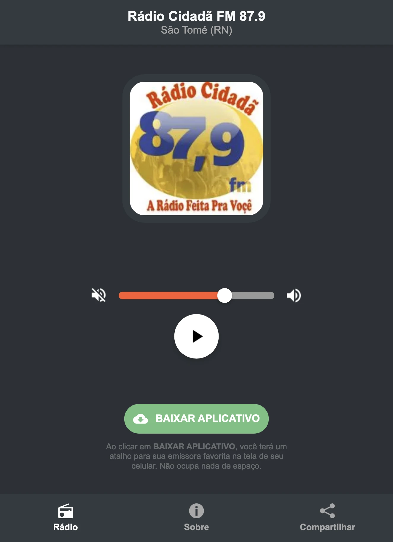 Screenshot do aplicativo da Rádio Cidadã FM 87.9