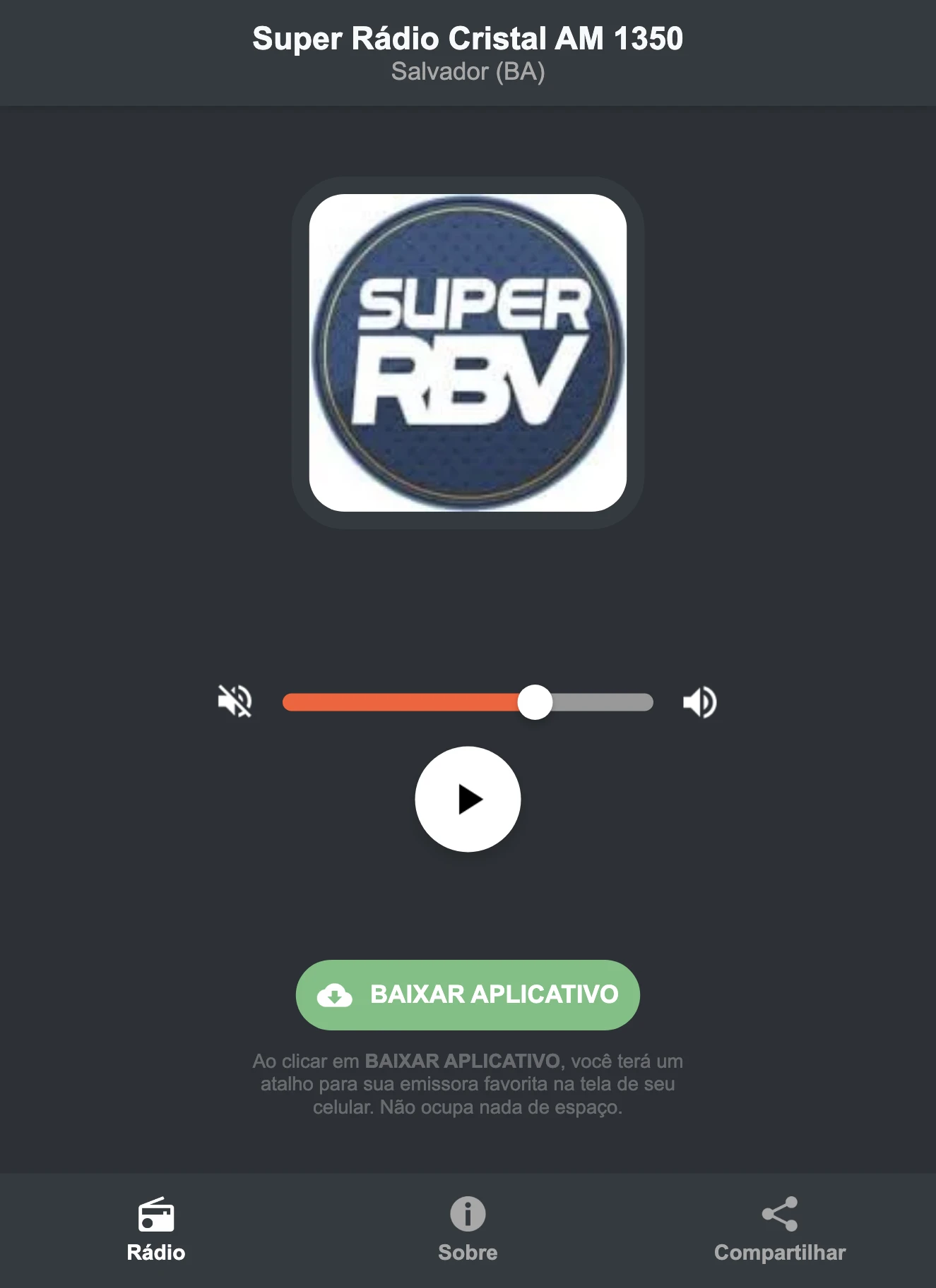 Screenshot do aplicativo da Super Rádio Cristal AM 1350