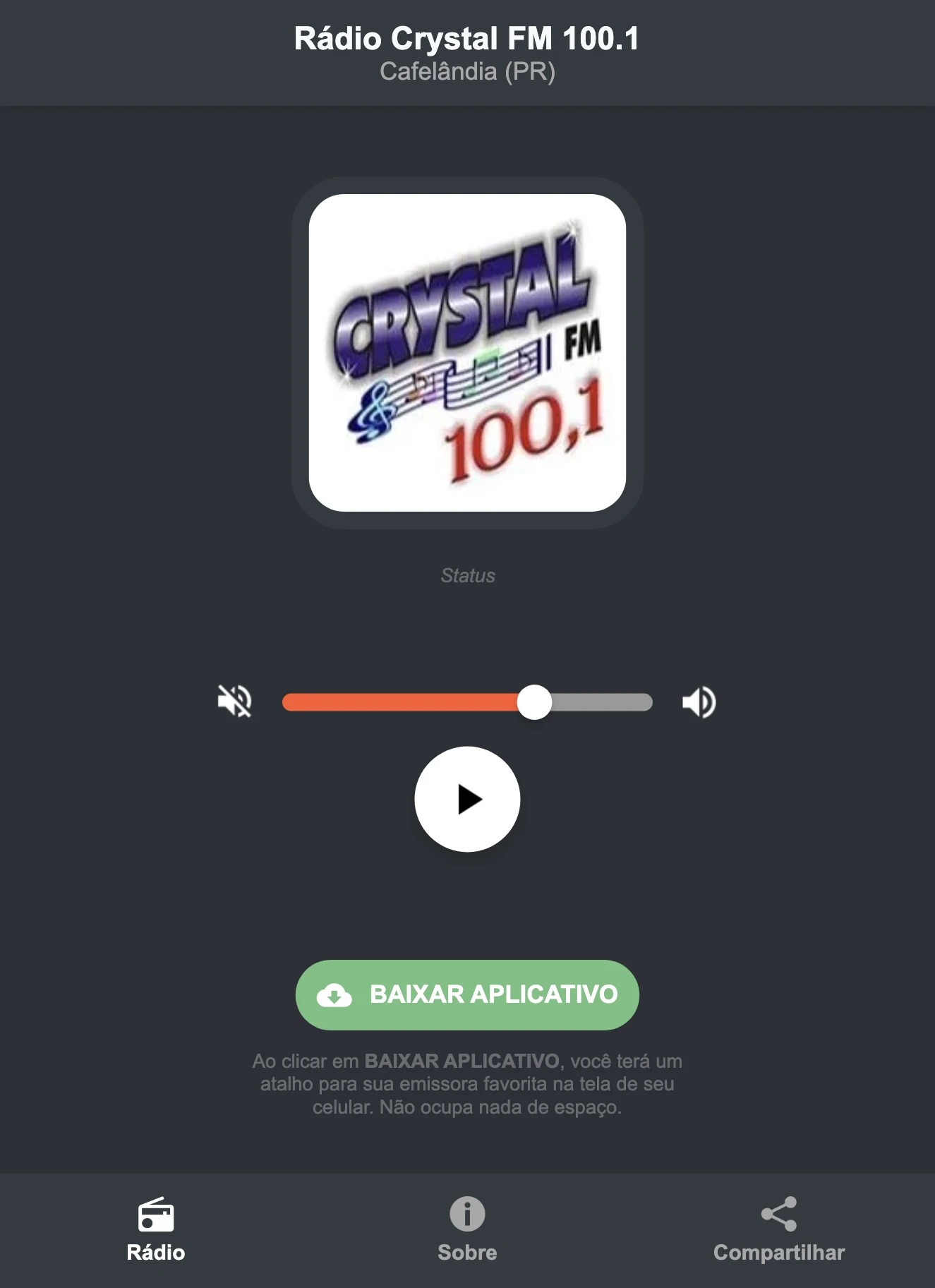 Screenshot do aplicativo da Rádio Crystal FM 100.1